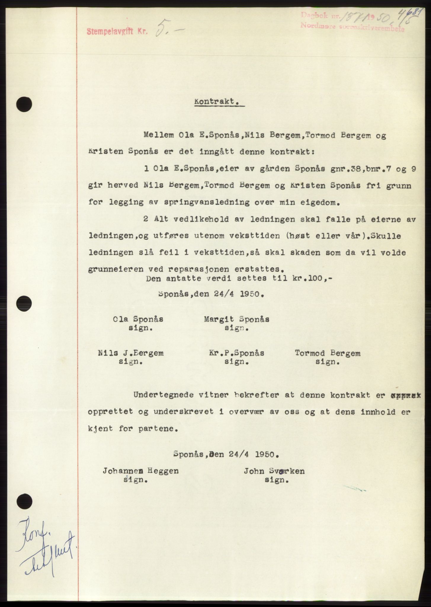 Nordmøre sorenskriveri, AV/SAT-A-4132/1/2/2Ca: Mortgage book no. B104, 1950-1950, Diary no: : 1371/1950