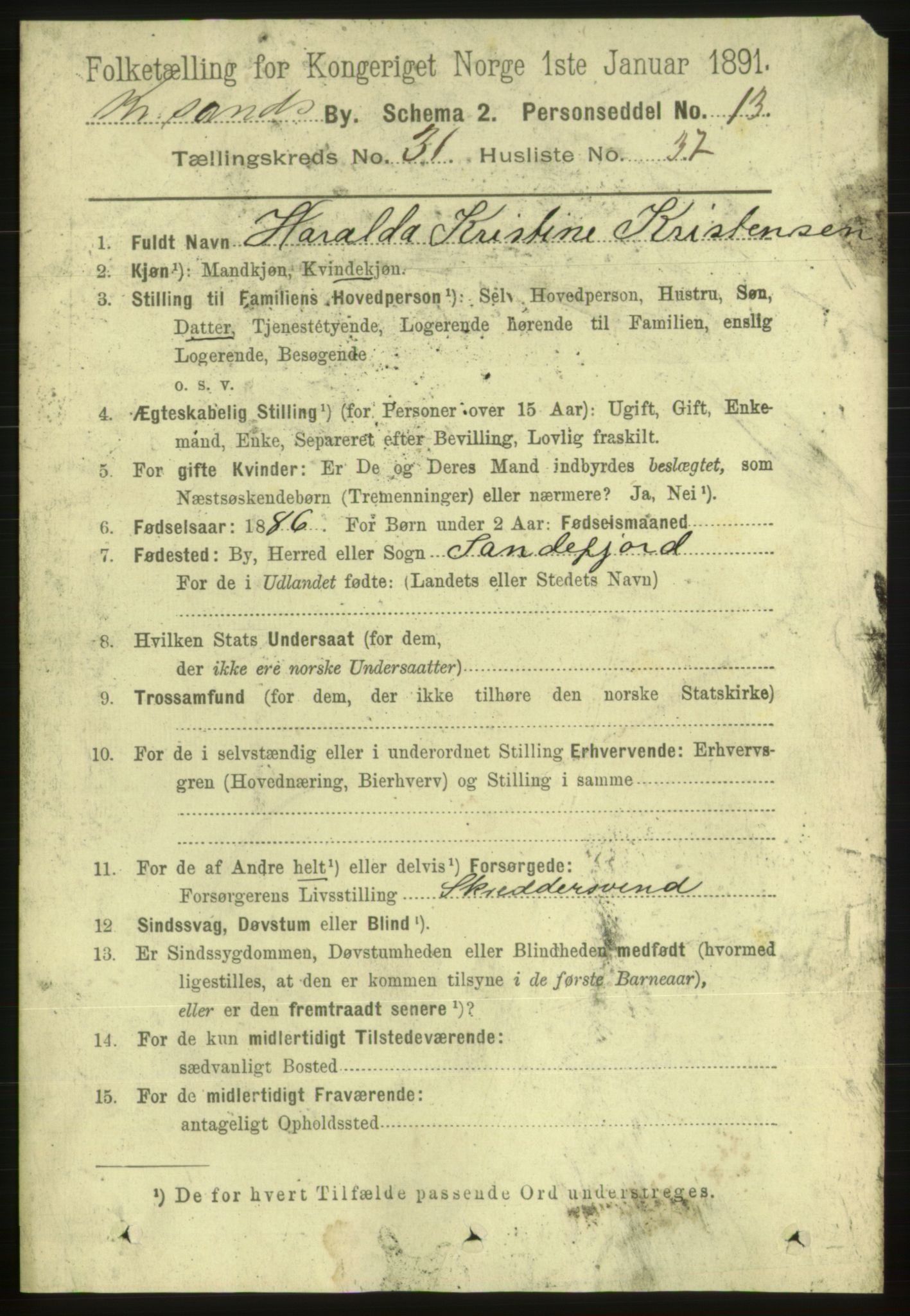 RA, 1891 census for 1001 Kristiansand, 1891, p. 10083