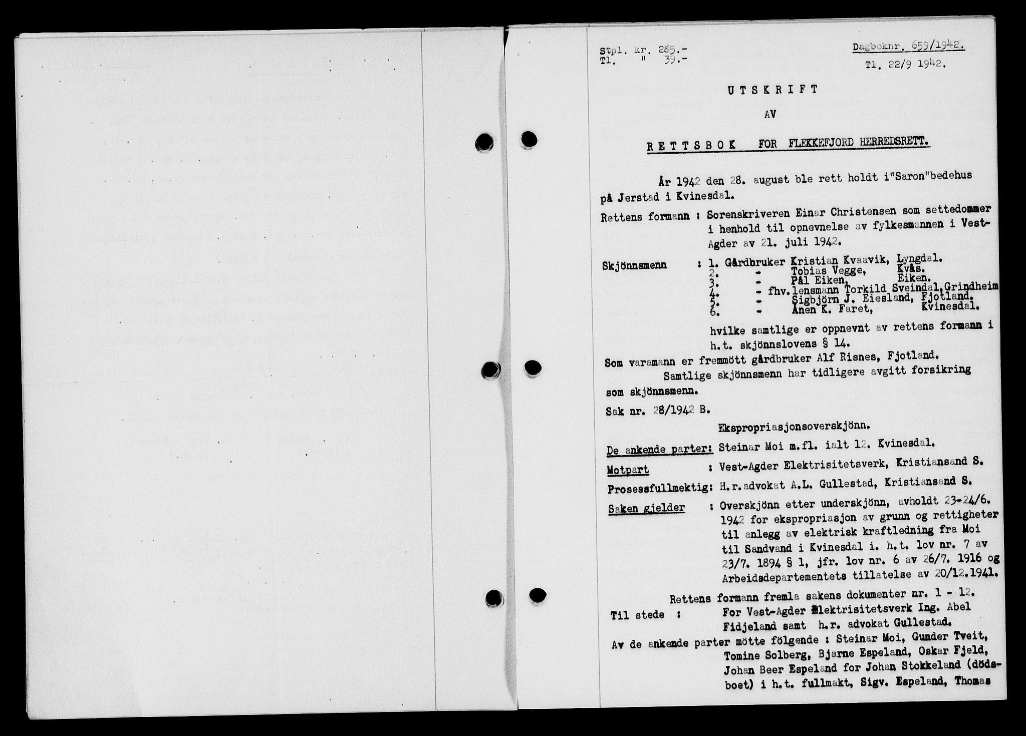 Flekkefjord sorenskriveri, AV/SAK-1221-0001/G/Gb/Gba/L0057: Mortgage book no. A-5, 1941-1942, Diary no: : 659/1942