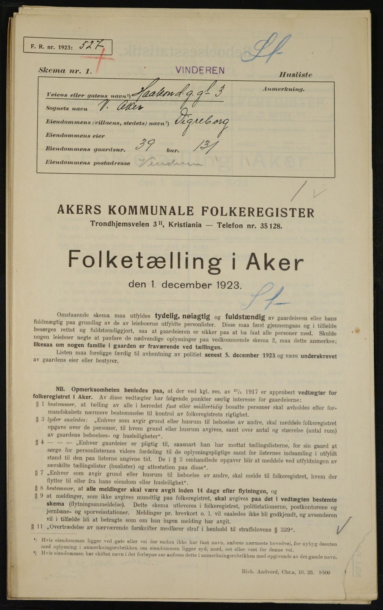 , Municipal Census 1923 for Aker, 1923, p. 10666