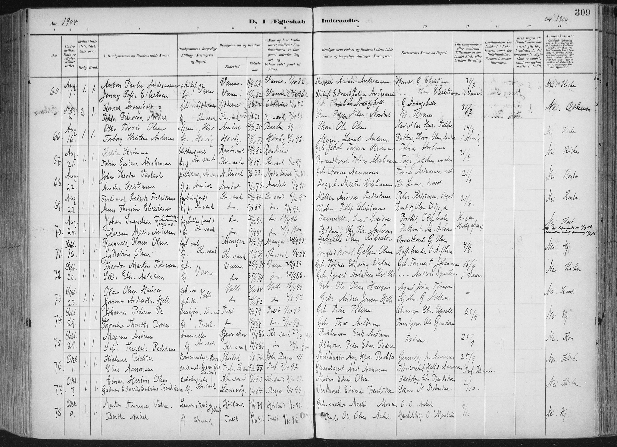 Kristiansand domprosti, AV/SAK-1112-0006/F/Fa/L0021: Parish register (official) no. A 20, 1898-1908, p. 309