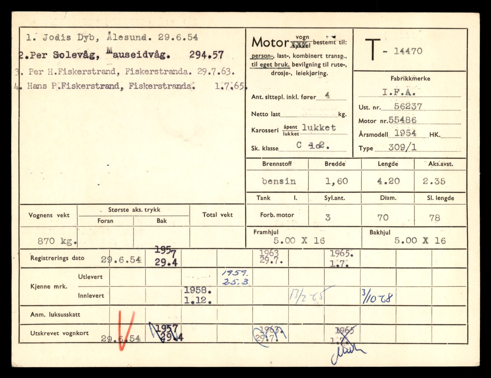 Møre og Romsdal vegkontor - Ålesund trafikkstasjon, SAT/A-4099/F/Fe/L0046: Registreringskort for kjøretøy T 14445 - T 14579, 1927-1998