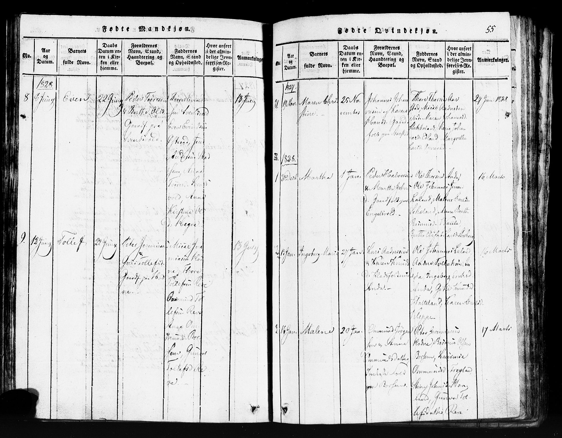 Klepp sokneprestkontor, AV/SAST-A-101803/001/3/30BB/L0001: Parish register (copy) no.  B 1, 1816-1859, p. 55