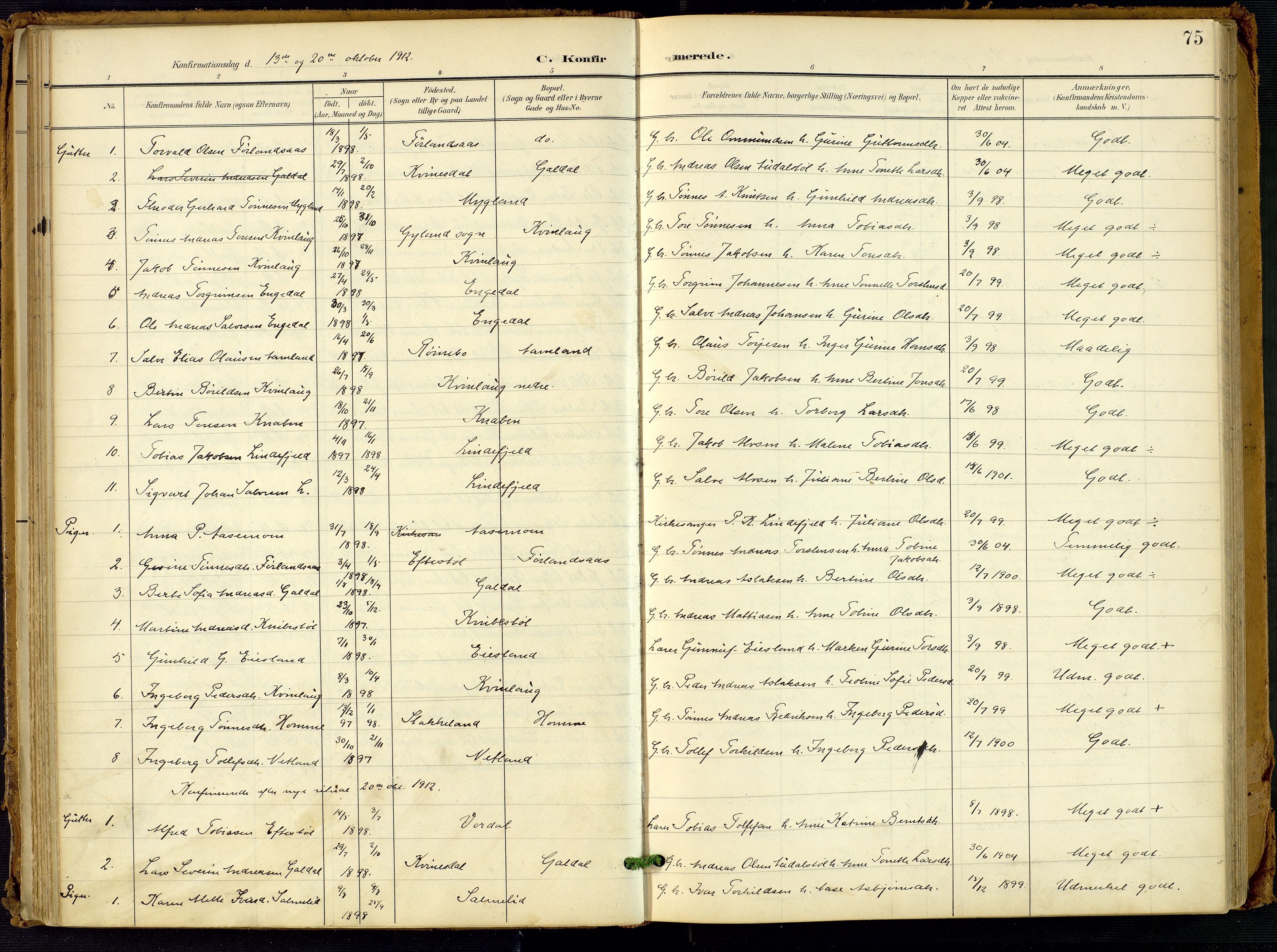 Fjotland sokneprestkontor, AV/SAK-1111-0010/F/Fa/L0003: Parish register (official) no. A 3, 1899-1917, p. 75