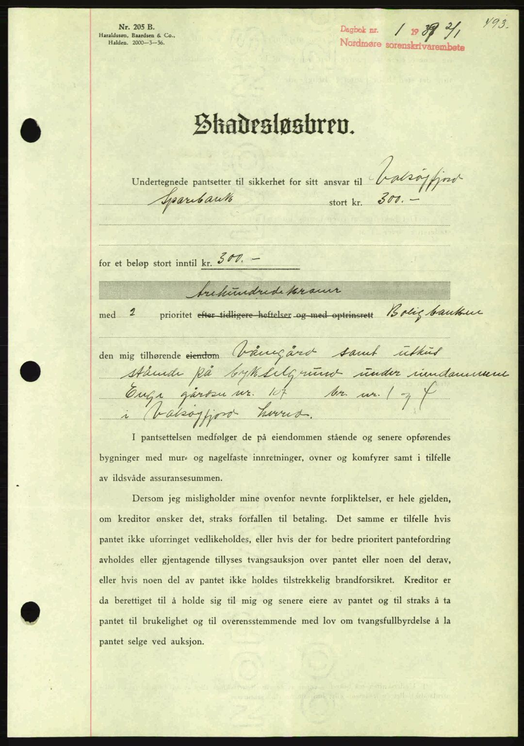 Nordmøre sorenskriveri, AV/SAT-A-4132/1/2/2Ca: Mortgage book no. B84, 1938-1939, Diary no: : 1/1939