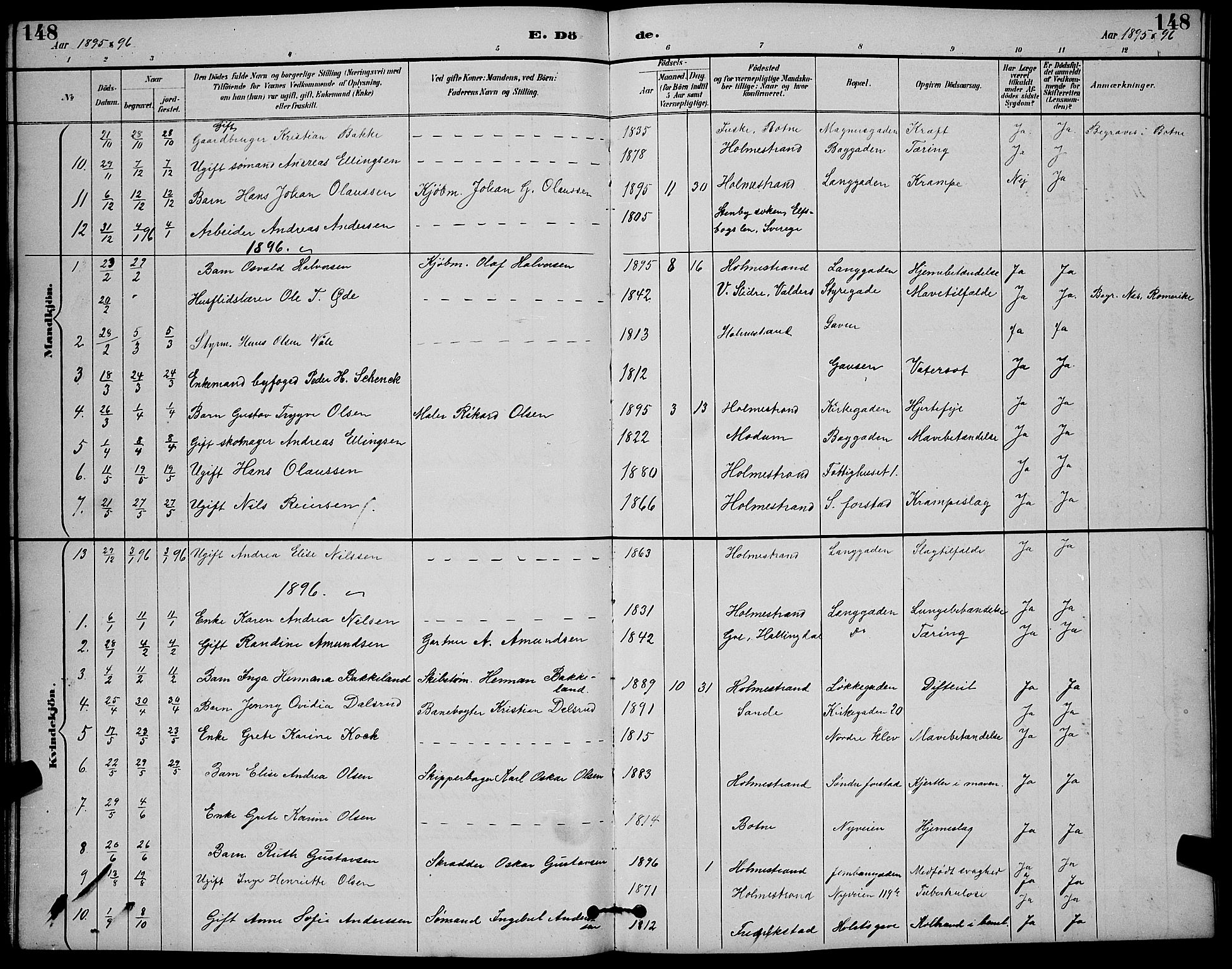 Holmestrand kirkebøker, SAKO/A-346/G/Ga/L0005: Parish register (copy) no. 5, 1889-1901, p. 148