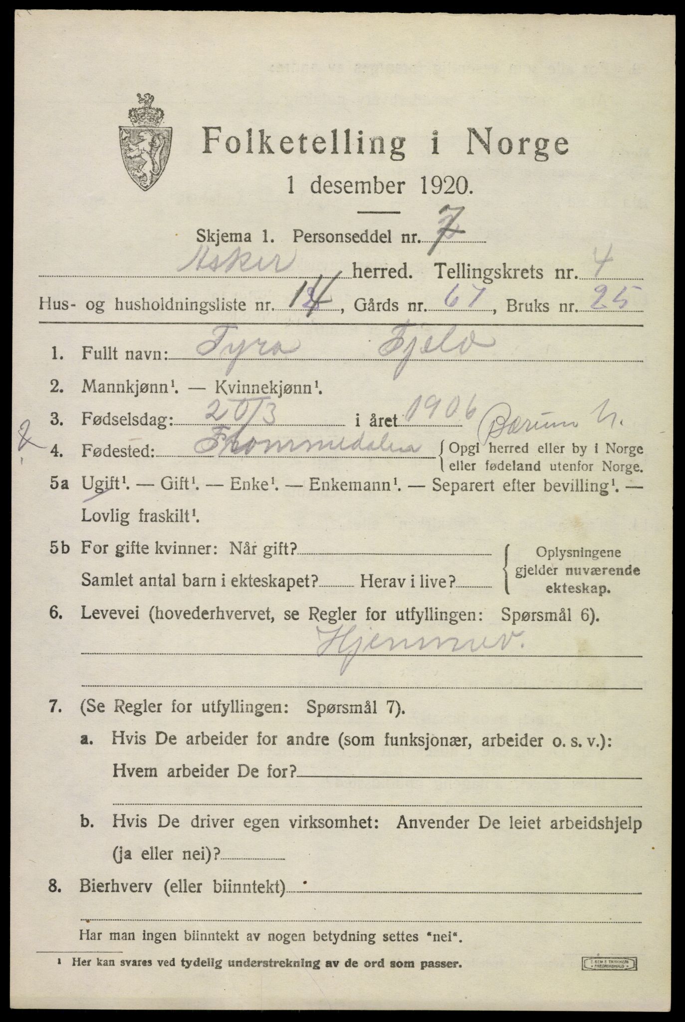 SAO, 1920 census for Asker, 1920, p. 10478