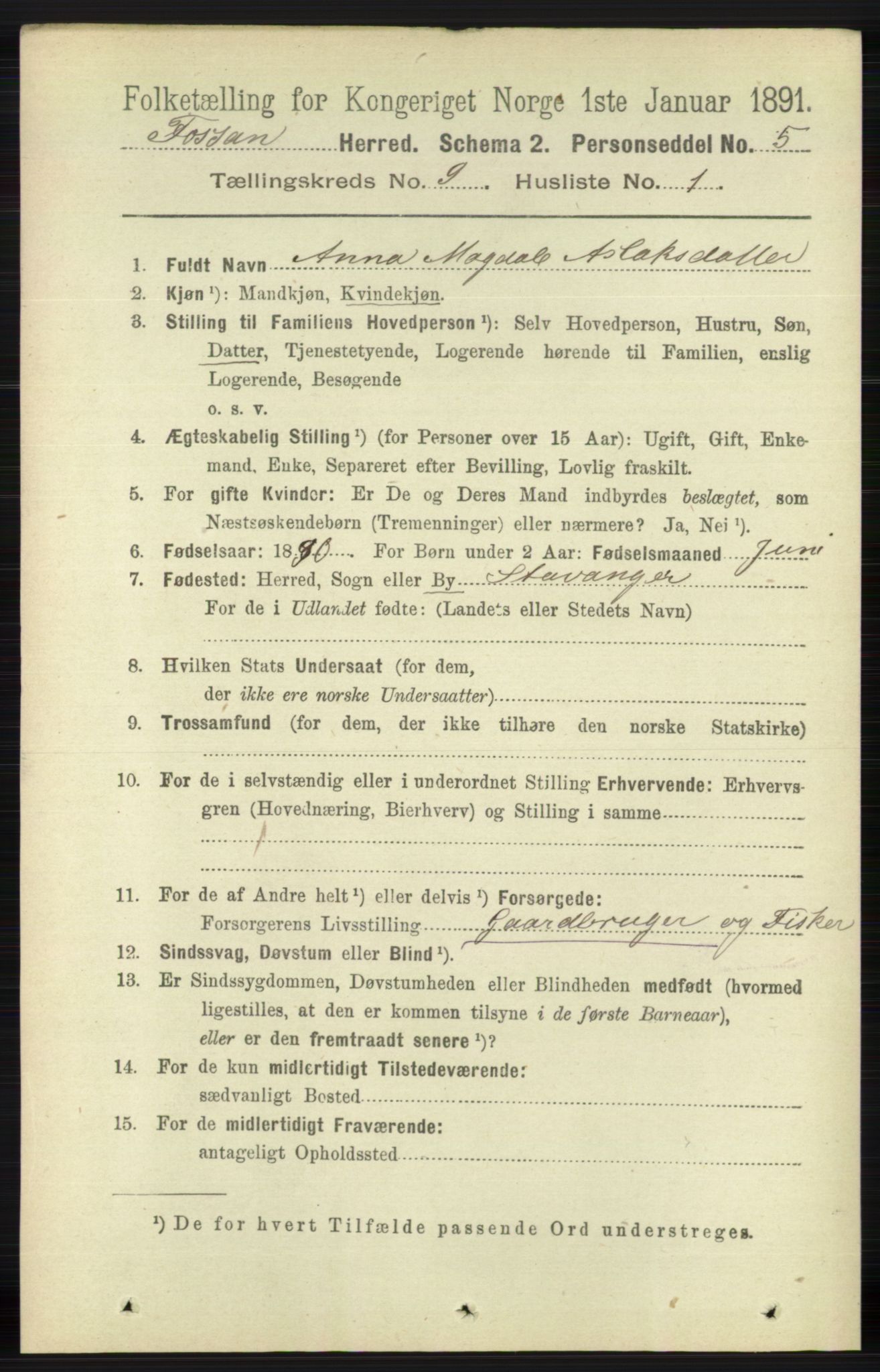 RA, 1891 census for 1129 Forsand, 1891, p. 1475