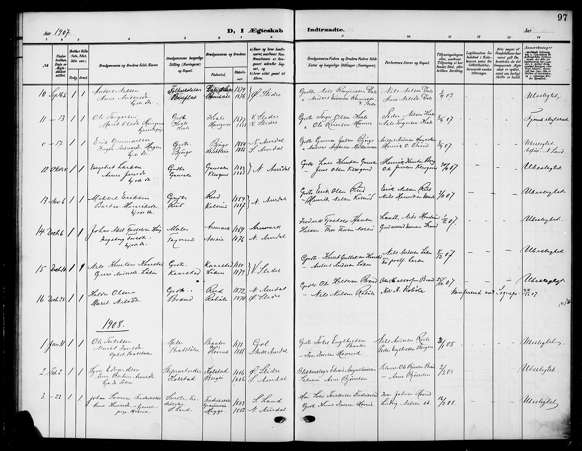 Nord-Aurdal prestekontor, SAH/PREST-132/H/Ha/Hab/L0012: Parish register (copy) no. 12, 1907-1920, p. 97
