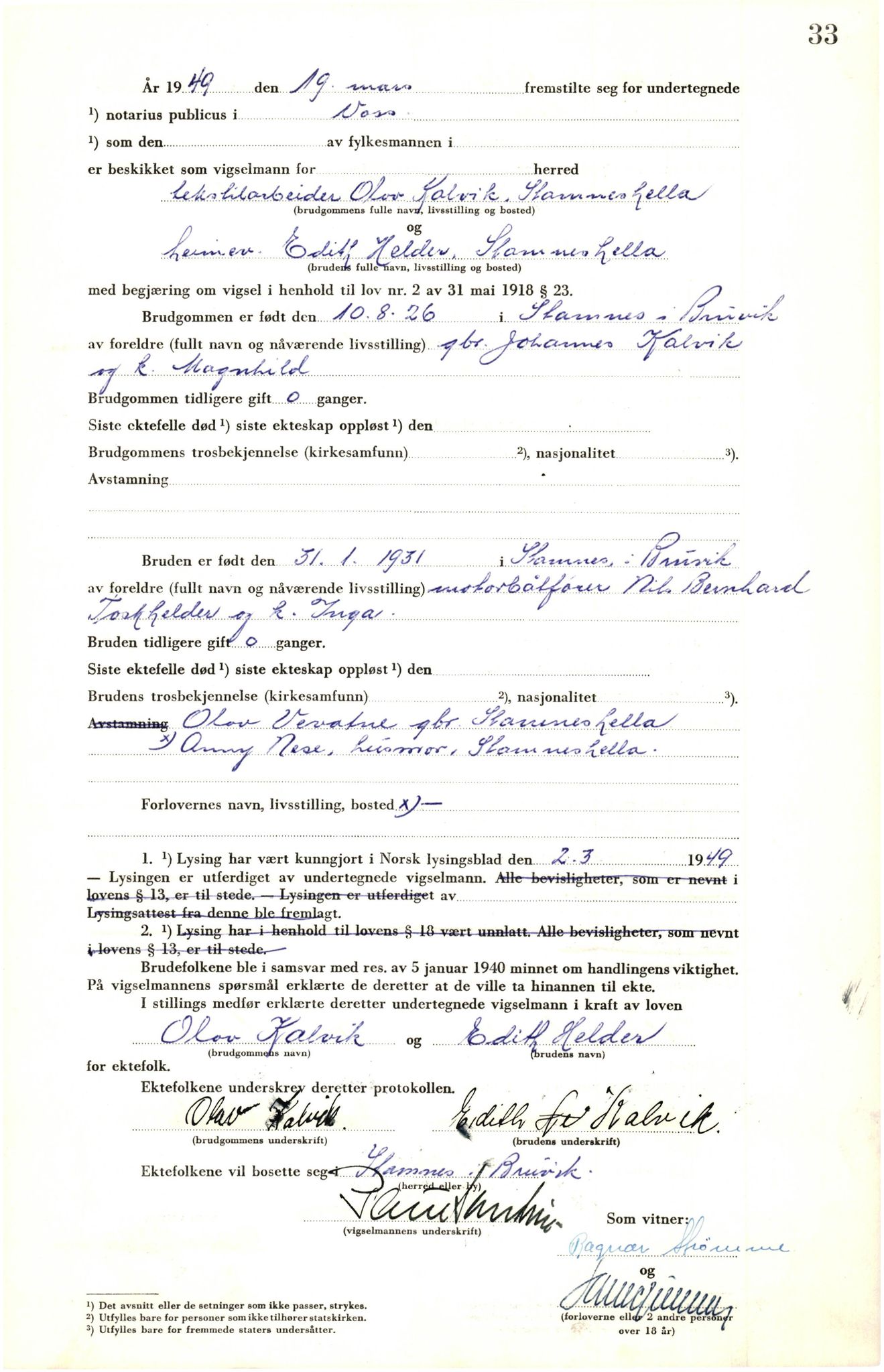 Voss sorenskrivar, AV/SAB-A-2701/M/Maa/L0003: Vigselbok, 1945-1969, p. 33