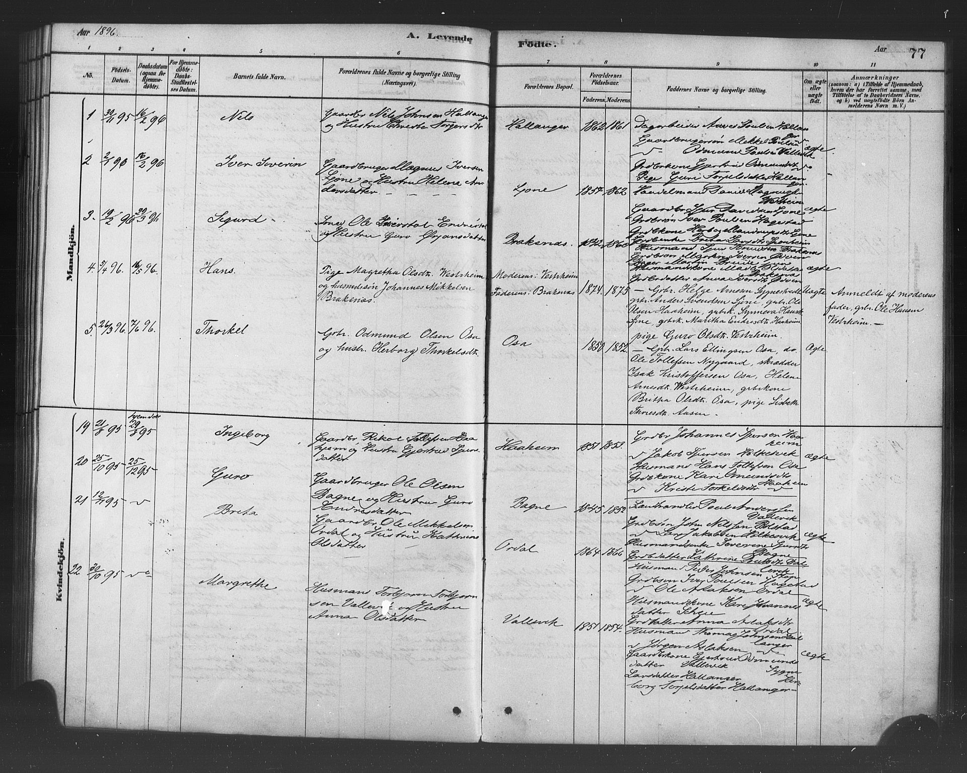 Ulvik sokneprestembete, SAB/A-78801/H/Haa: Parish register (official) no. B 1, 1878-1897, p. 77
