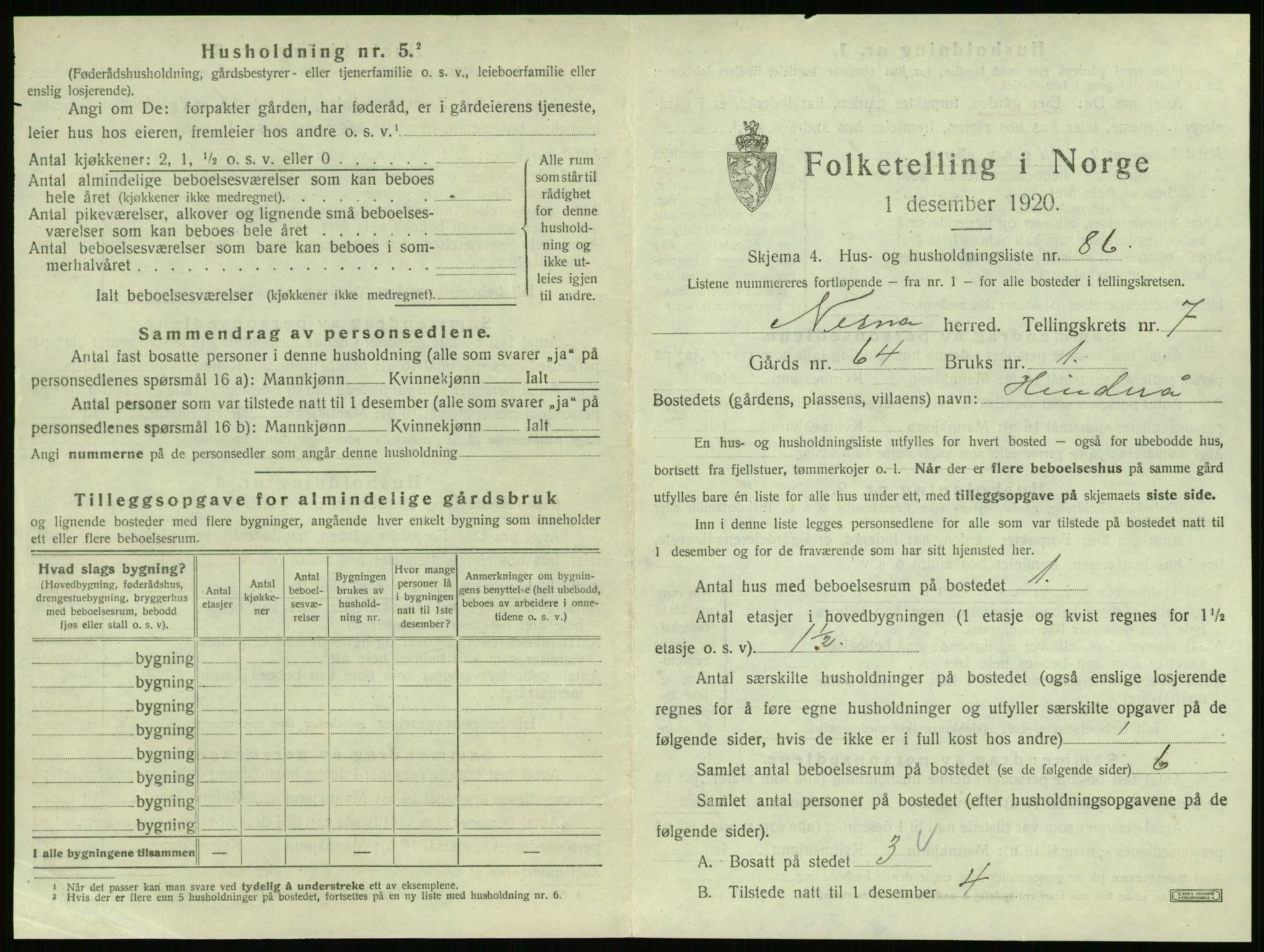 SAT, 1920 census for Nesna, 1920, p. 928