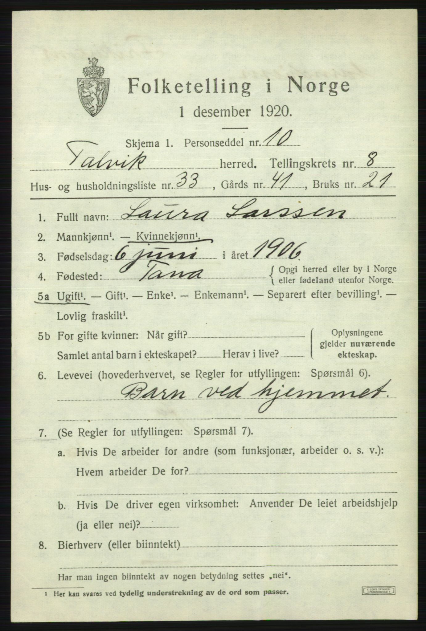 SATØ, 1920 census for Talvik, 1920, p. 5352