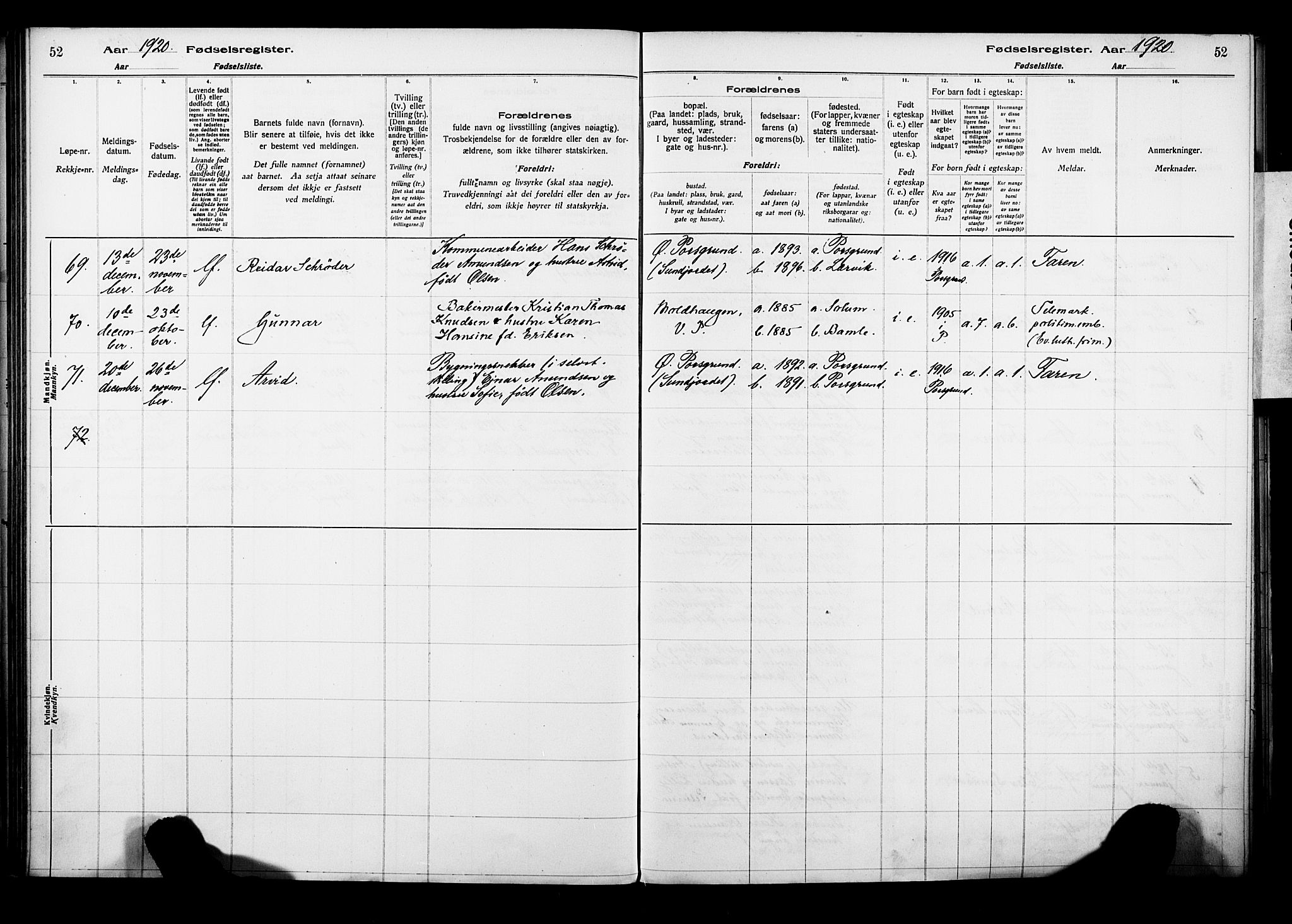 Porsgrunn kirkebøker , AV/SAKO-A-104/J/Ja/L0001: Birth register no. 1, 1916-1929, p. 52