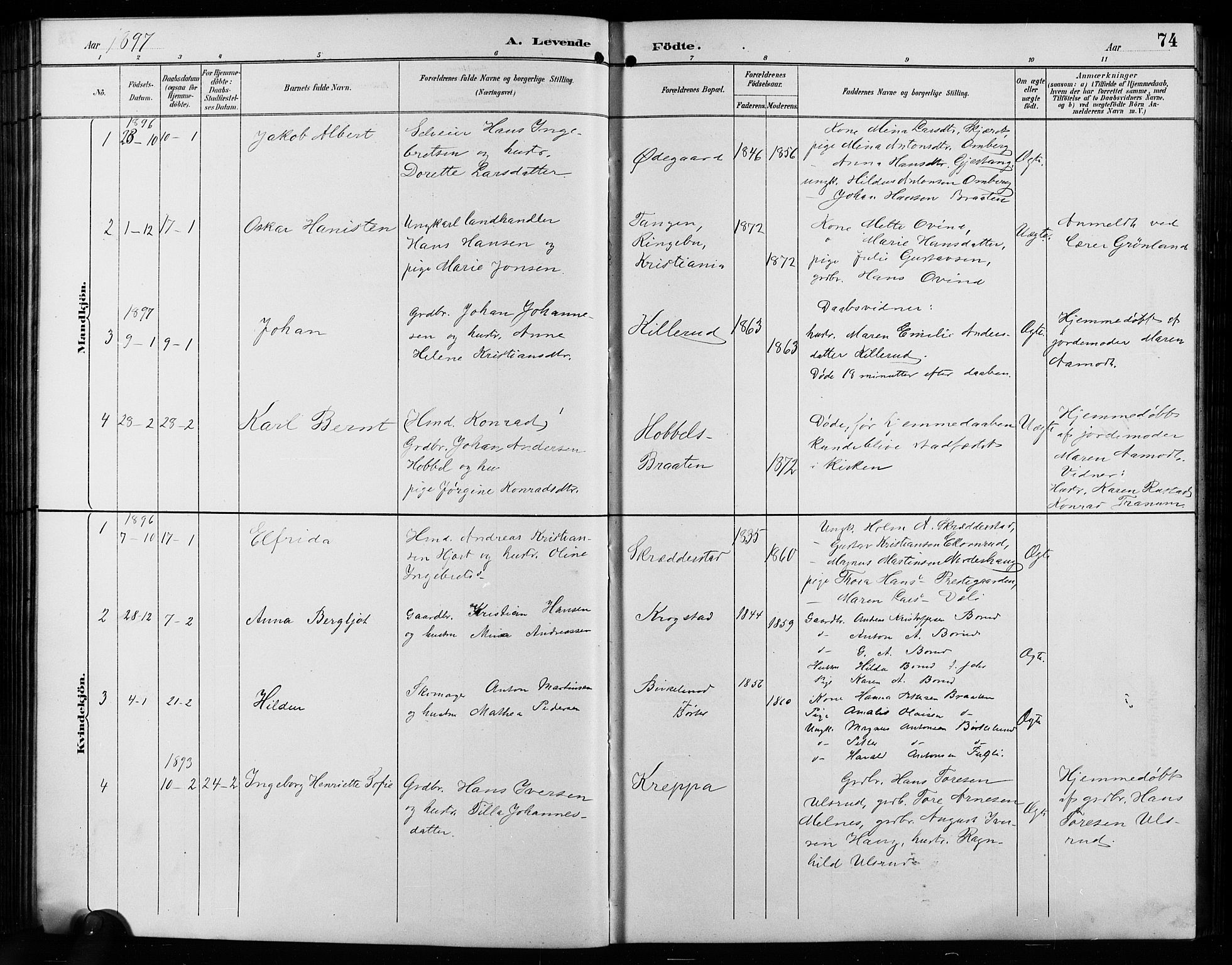 Enebakk prestekontor Kirkebøker, AV/SAO-A-10171c/G/Ga/L0006: Parish register (copy) no. I 6, 1889-1911, p. 74