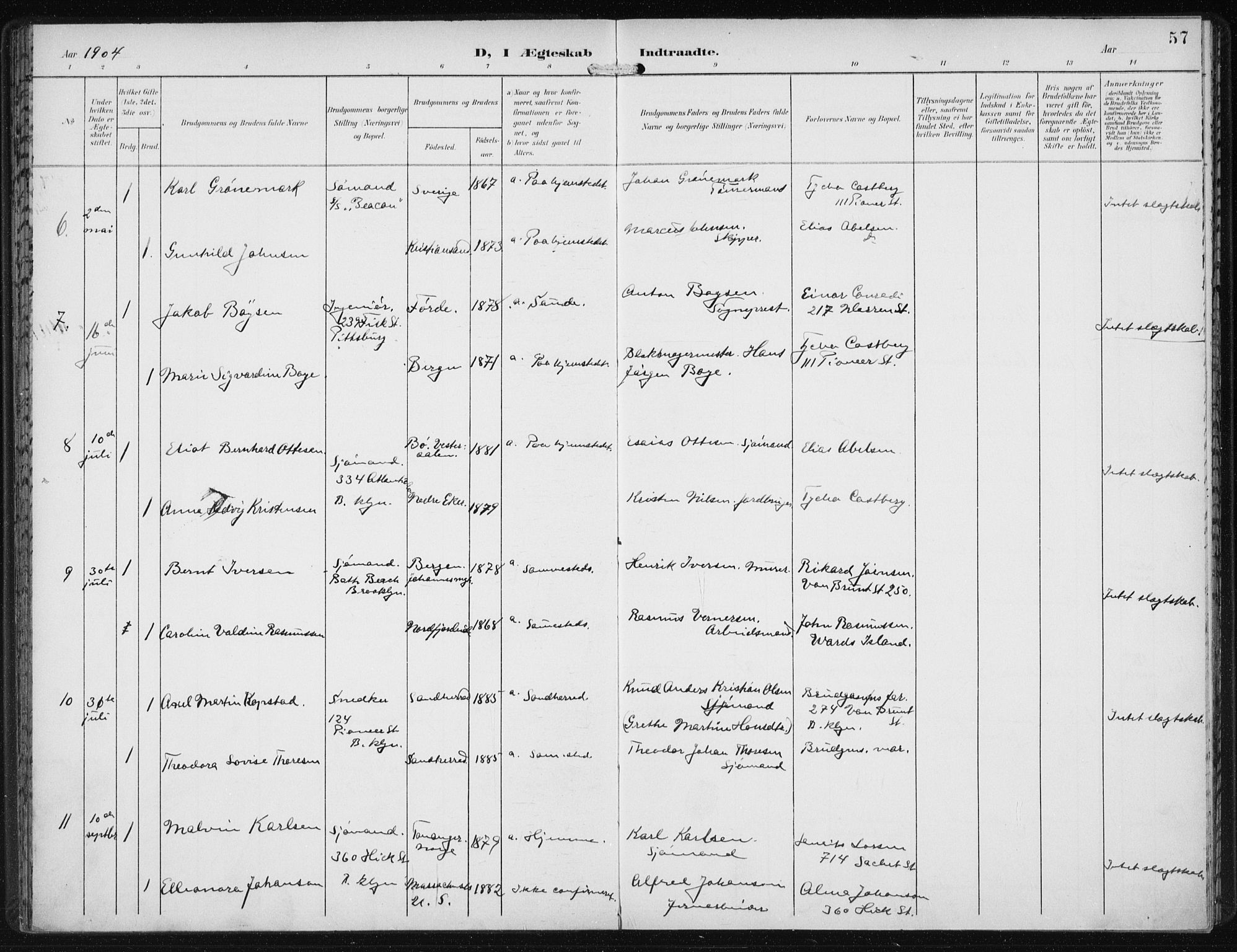 Den norske sjømannsmisjon i utlandet/New York, SAB/SAB/PA-0110/H/Ha/L0005: Parish register (official) no. A 5, 1902-1908, p. 57