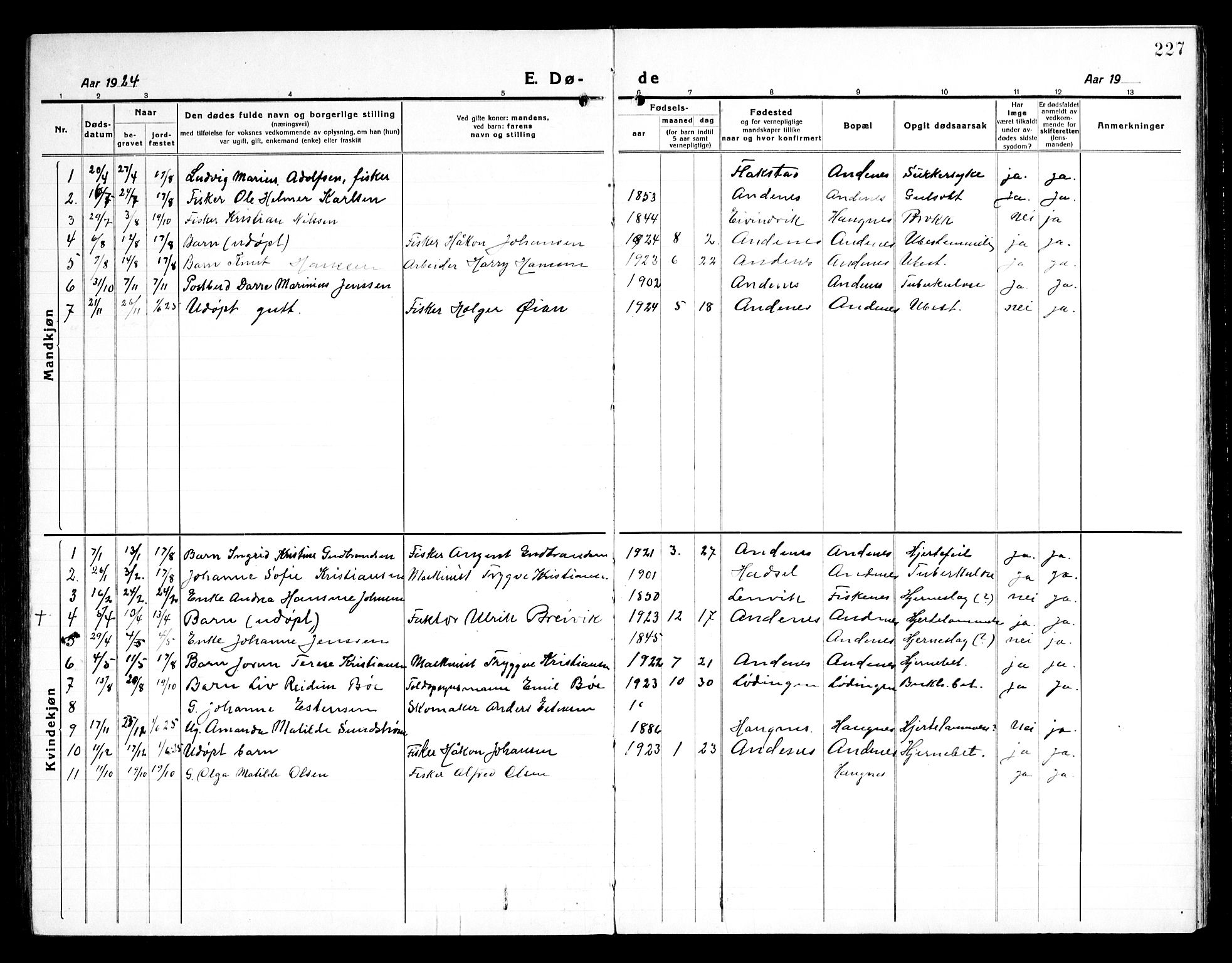 Ministerialprotokoller, klokkerbøker og fødselsregistre - Nordland, SAT/A-1459/899/L1450: Parish register (copy) no. 899C05, 1918-1945, p. 227