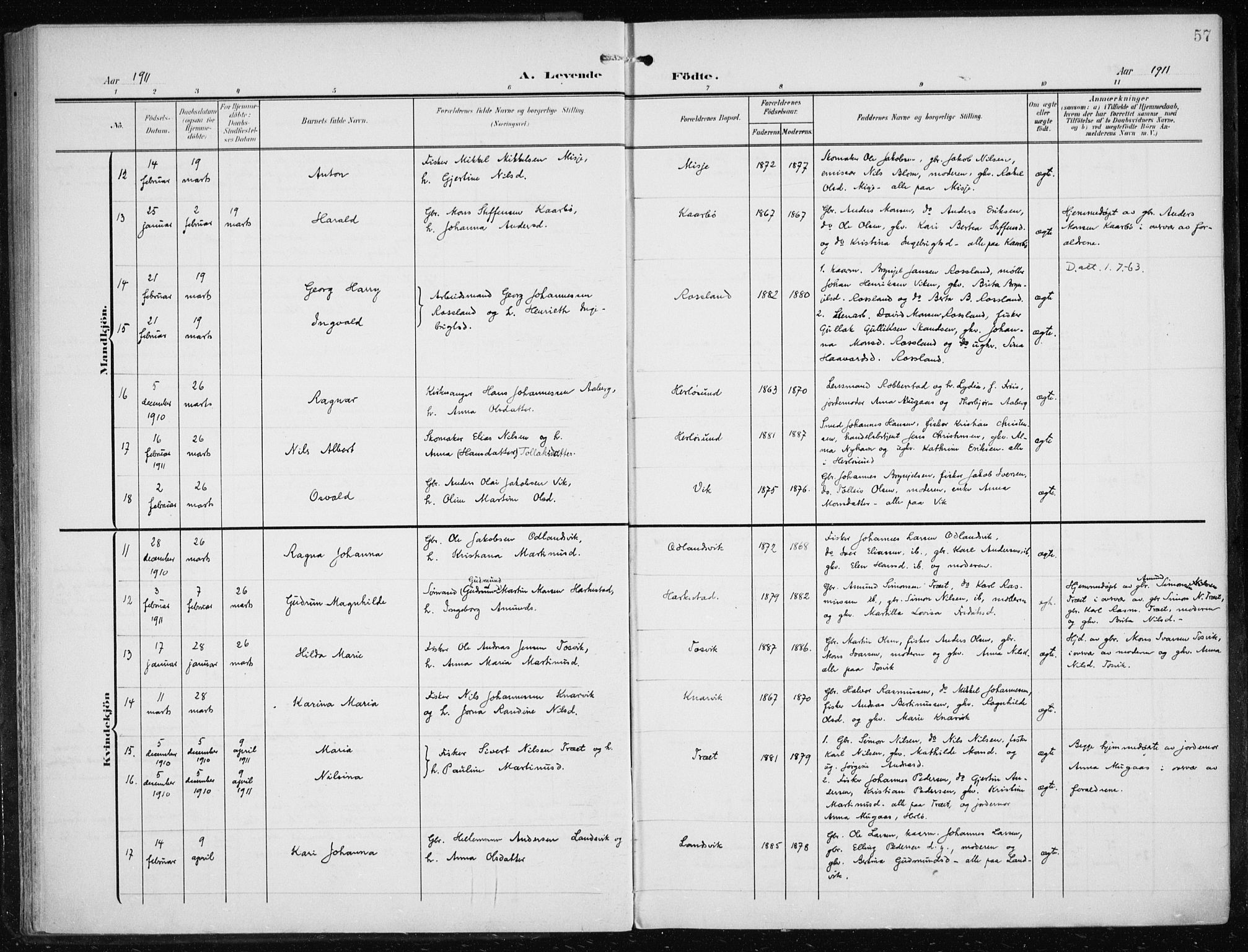 Herdla Sokneprestembete, AV/SAB-A-75701/H/Haa: Parish register (official) no. A 5, 1905-1918, p. 57