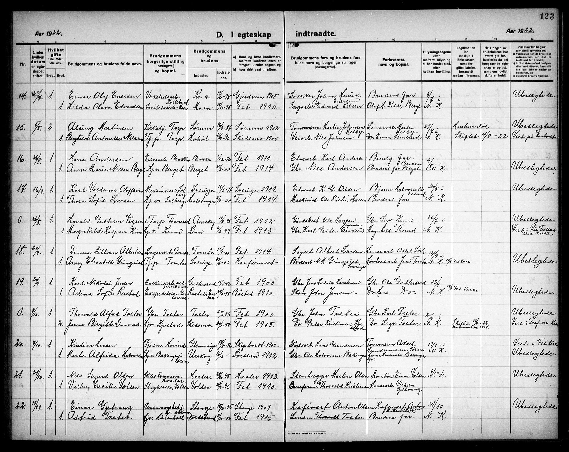 Fet prestekontor Kirkebøker, SAO/A-10370a/G/Ga/L0009: Parish register (copy) no. I 9, 1920-1934, p. 123