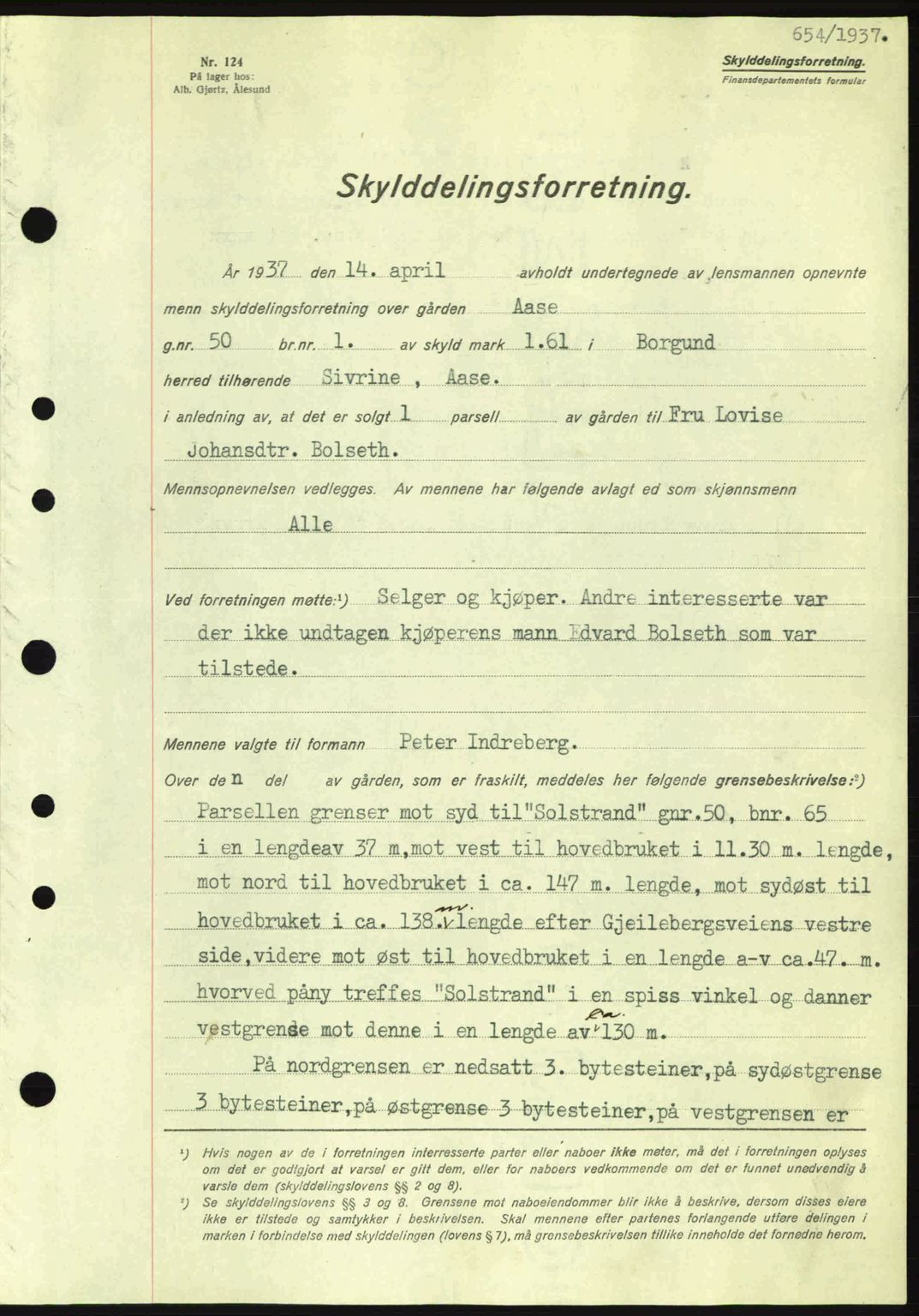 Nordre Sunnmøre sorenskriveri, AV/SAT-A-0006/1/2/2C/2Ca: Mortgage book no. A2, 1936-1937, Diary no: : 654/1937