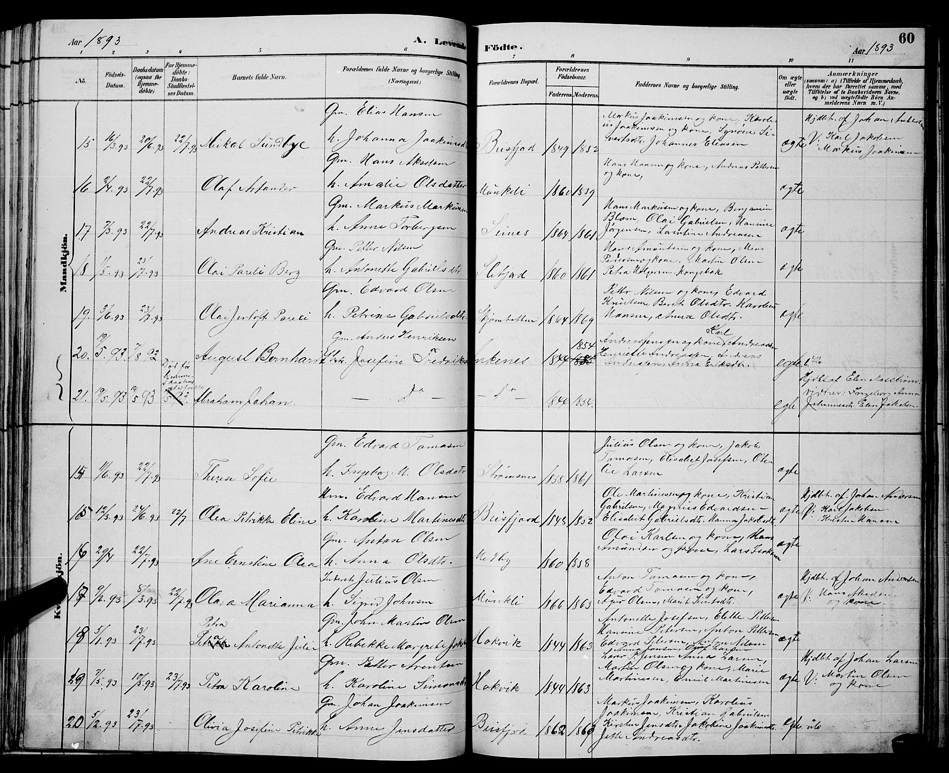 Ministerialprotokoller, klokkerbøker og fødselsregistre - Nordland, AV/SAT-A-1459/866/L0952: Parish register (copy) no. 866C01, 1886-1899, p. 60