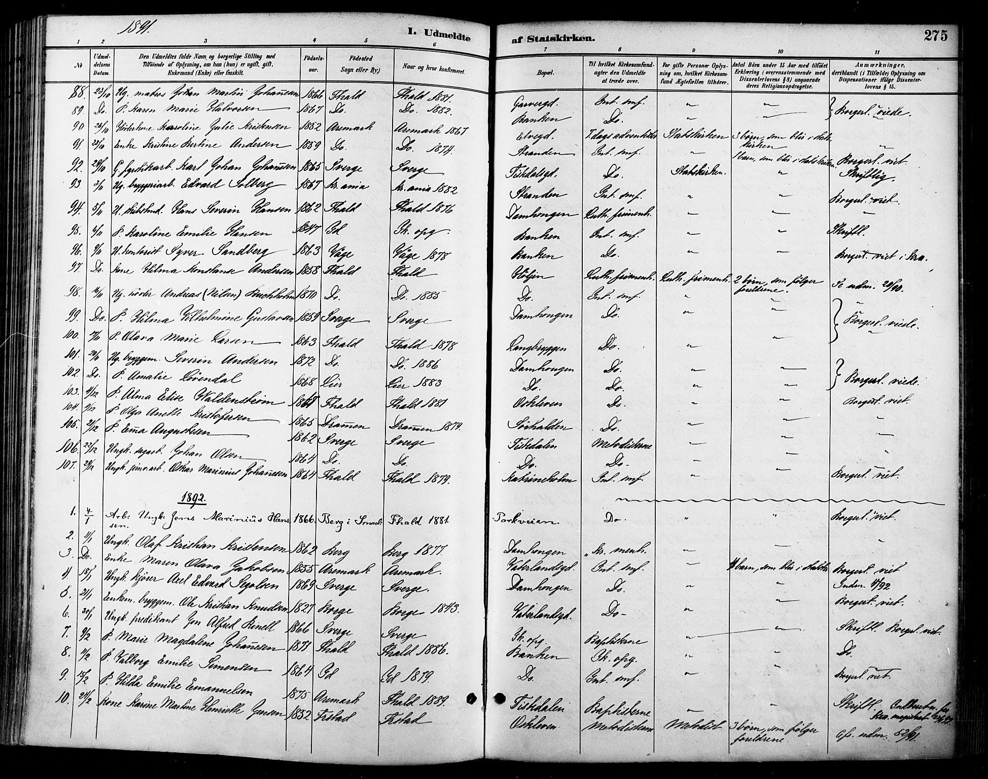 Halden prestekontor Kirkebøker, SAO/A-10909/F/Fa/L0014: Parish register (official) no. I 14, 1890-1906, p. 275
