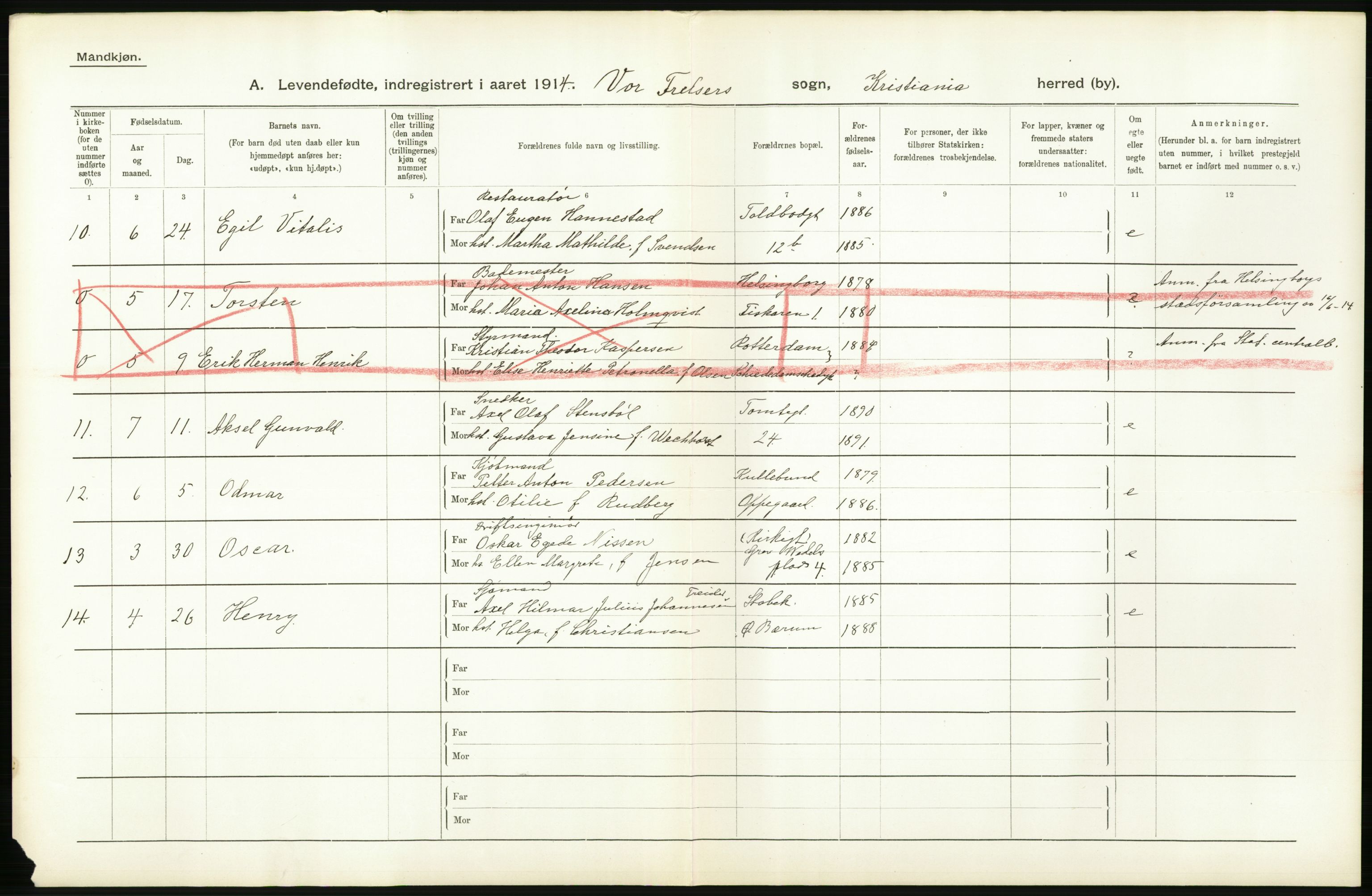 Statistisk sentralbyrå, Sosiodemografiske emner, Befolkning, AV/RA-S-2228/D/Df/Dfb/Dfbd/L0006: Kristiania: Levendefødte menn og kvinner., 1914, p. 56