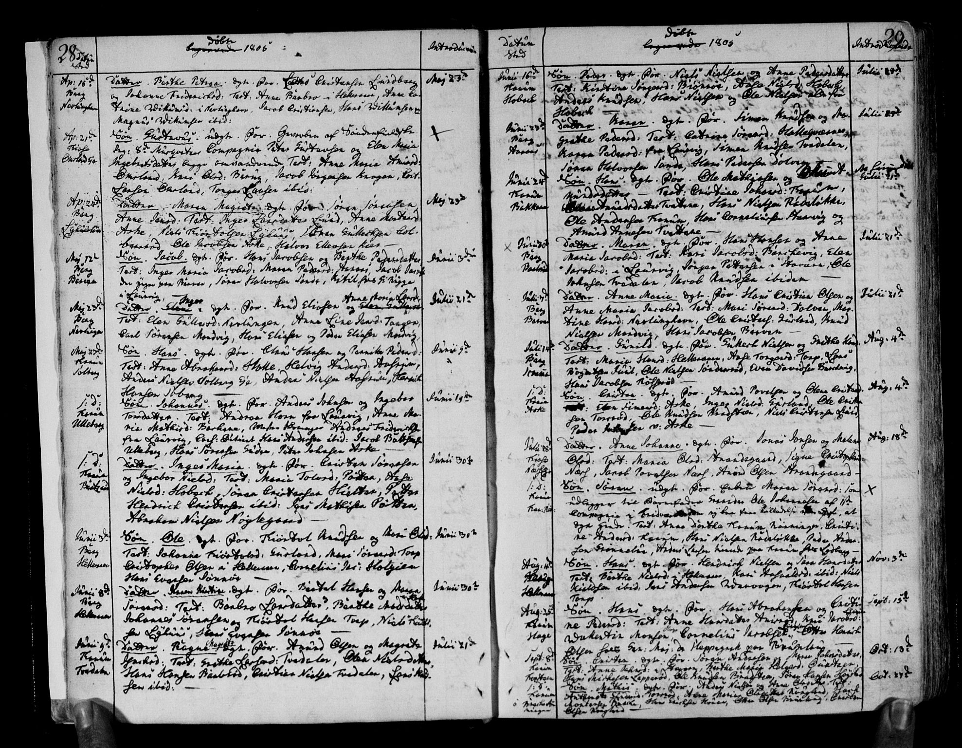 Brunlanes kirkebøker, AV/SAKO-A-342/F/Fa/L0002: Parish register (official) no. I 2, 1802-1834, p. 28-29