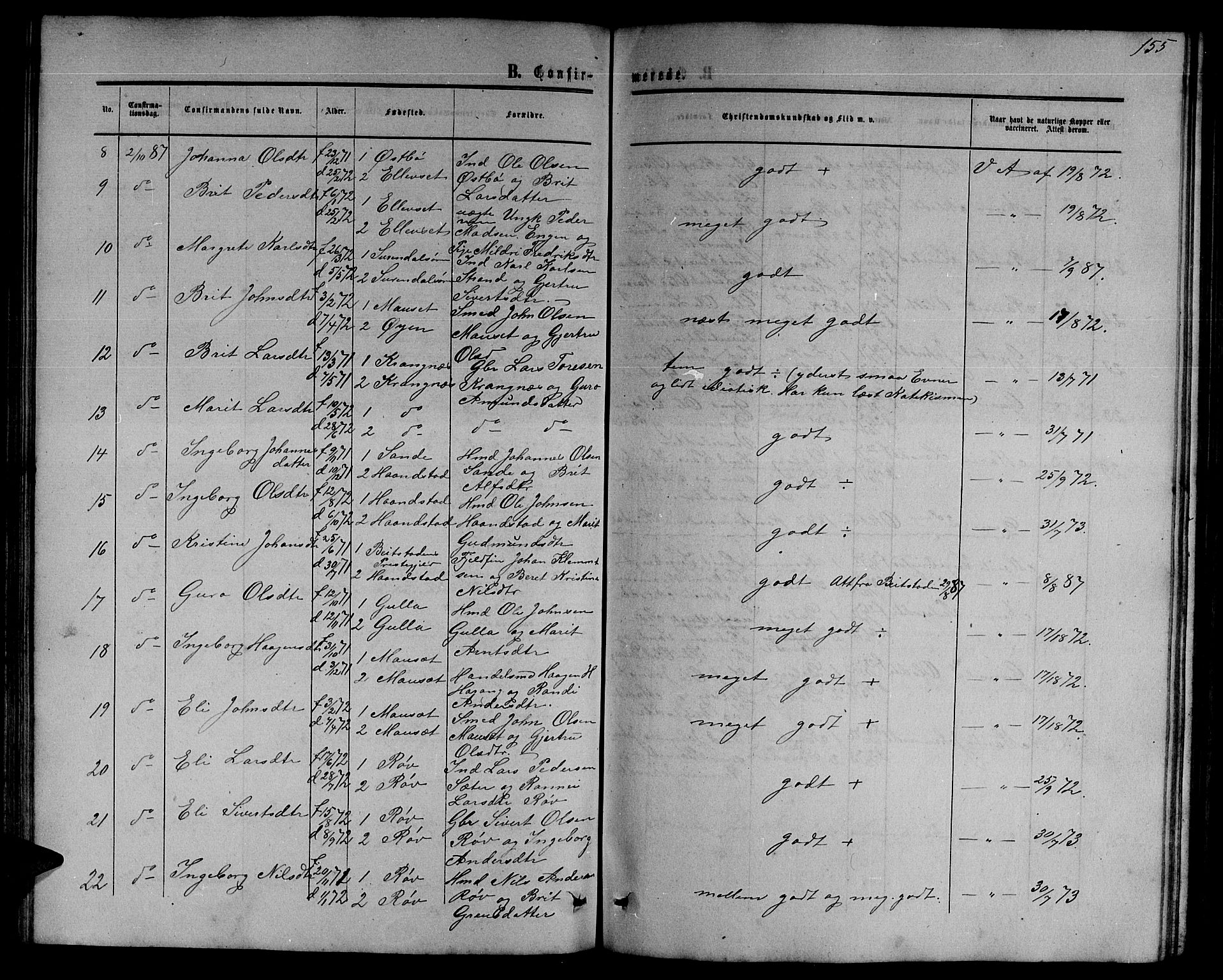Ministerialprotokoller, klokkerbøker og fødselsregistre - Møre og Romsdal, SAT/A-1454/595/L1051: Parish register (copy) no. 595C03, 1866-1891, p. 155