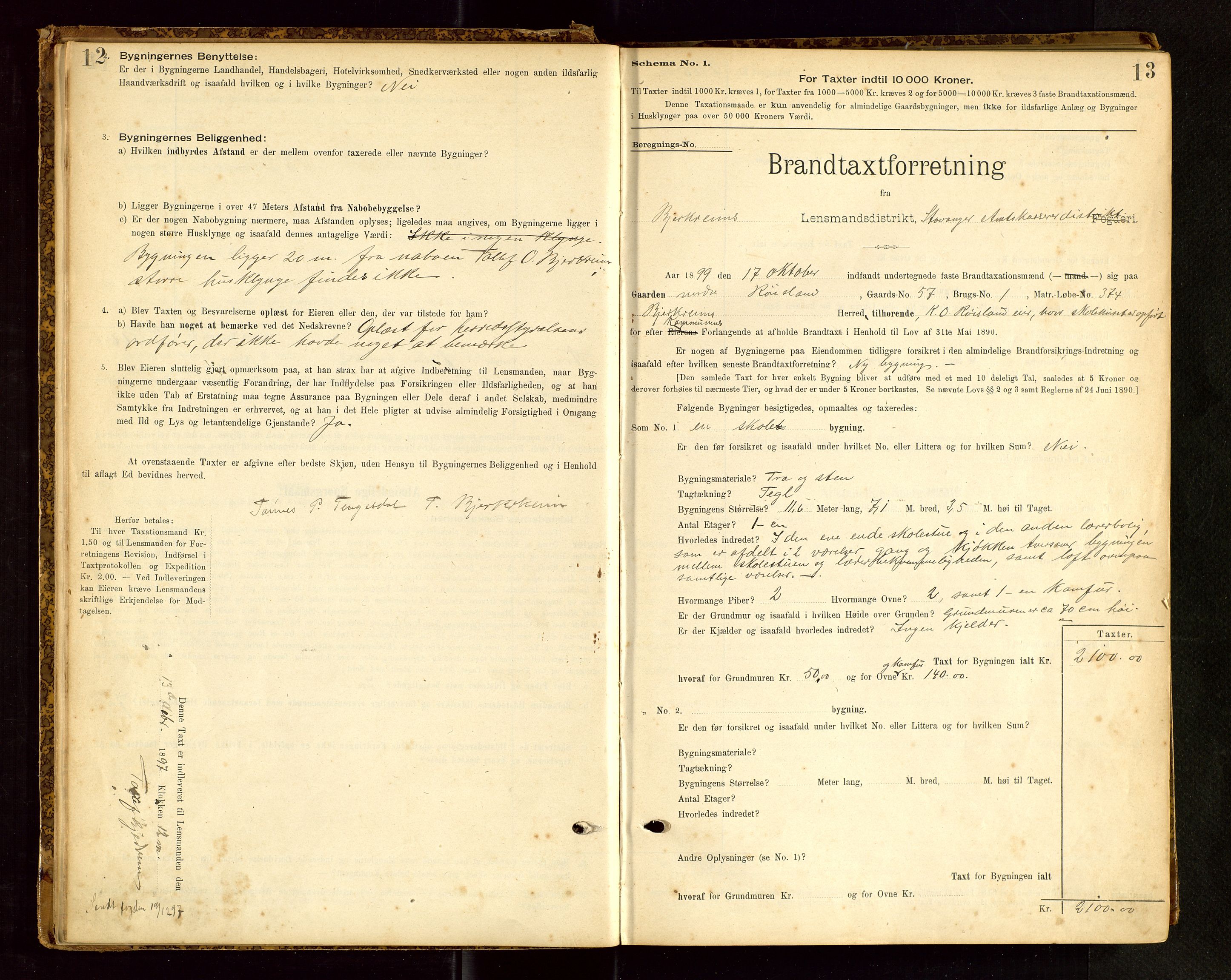 Bjerkreim lensmannskontor, SAST/A-100090/Gob/L0001: "Brandtaxationsprotokol", 1895-1950, p. 12-13