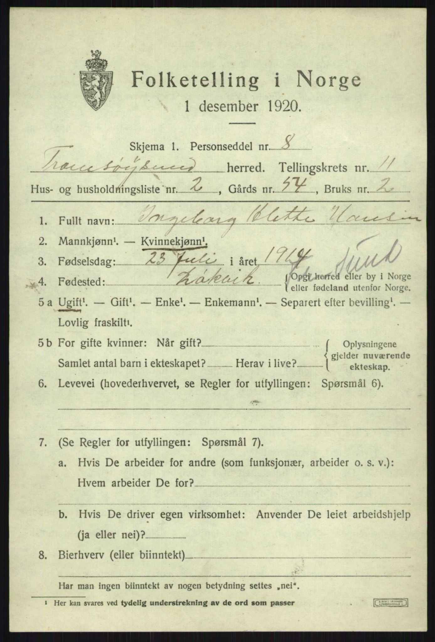 SATØ, 1920 census for Tromsøysund, 1920, p. 7264
