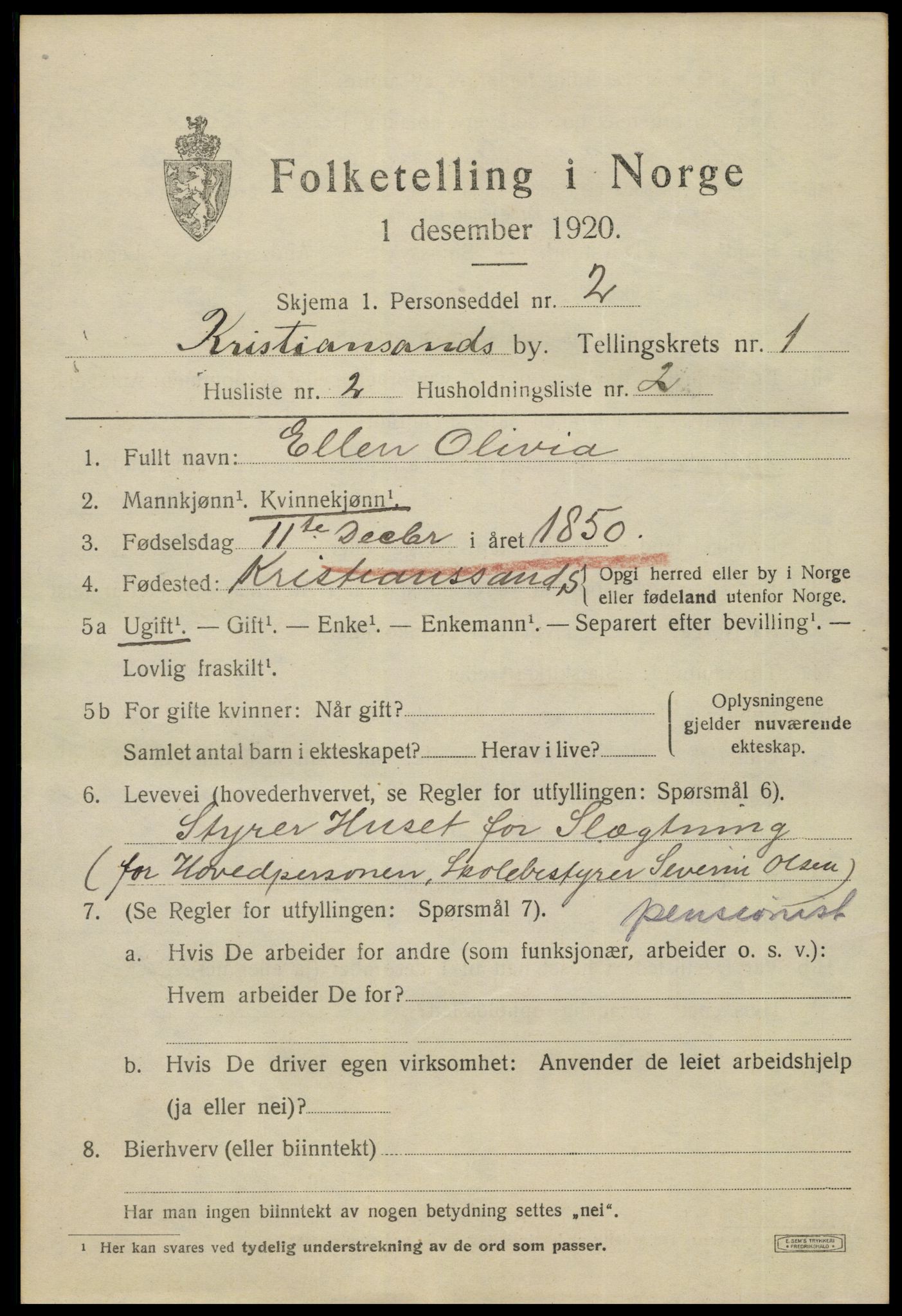 SAK, 1920 census for Kristiansand, 1920, p. 11129