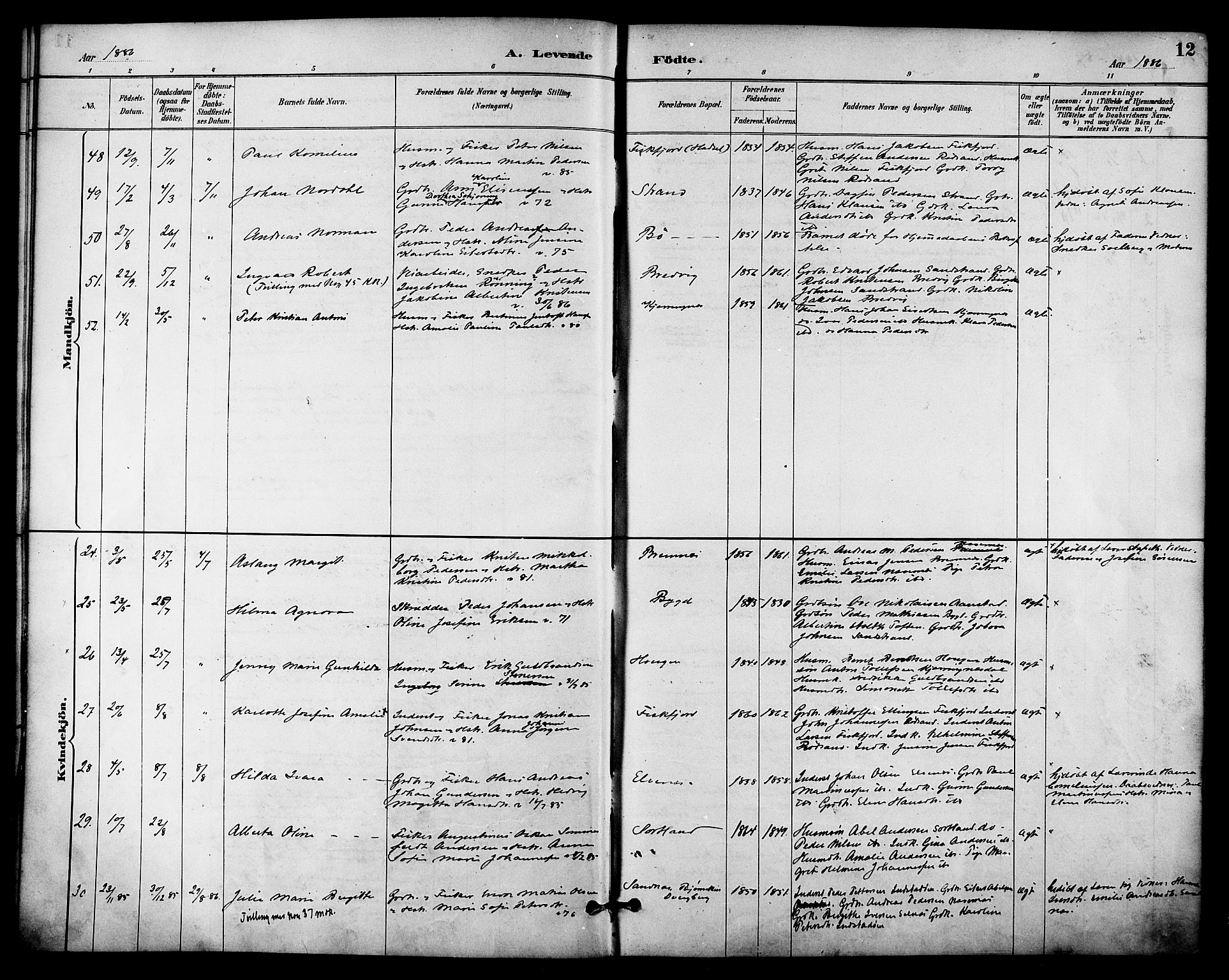 Ministerialprotokoller, klokkerbøker og fødselsregistre - Nordland, AV/SAT-A-1459/895/L1371: Parish register (official) no. 895A06, 1885-1894, p. 12