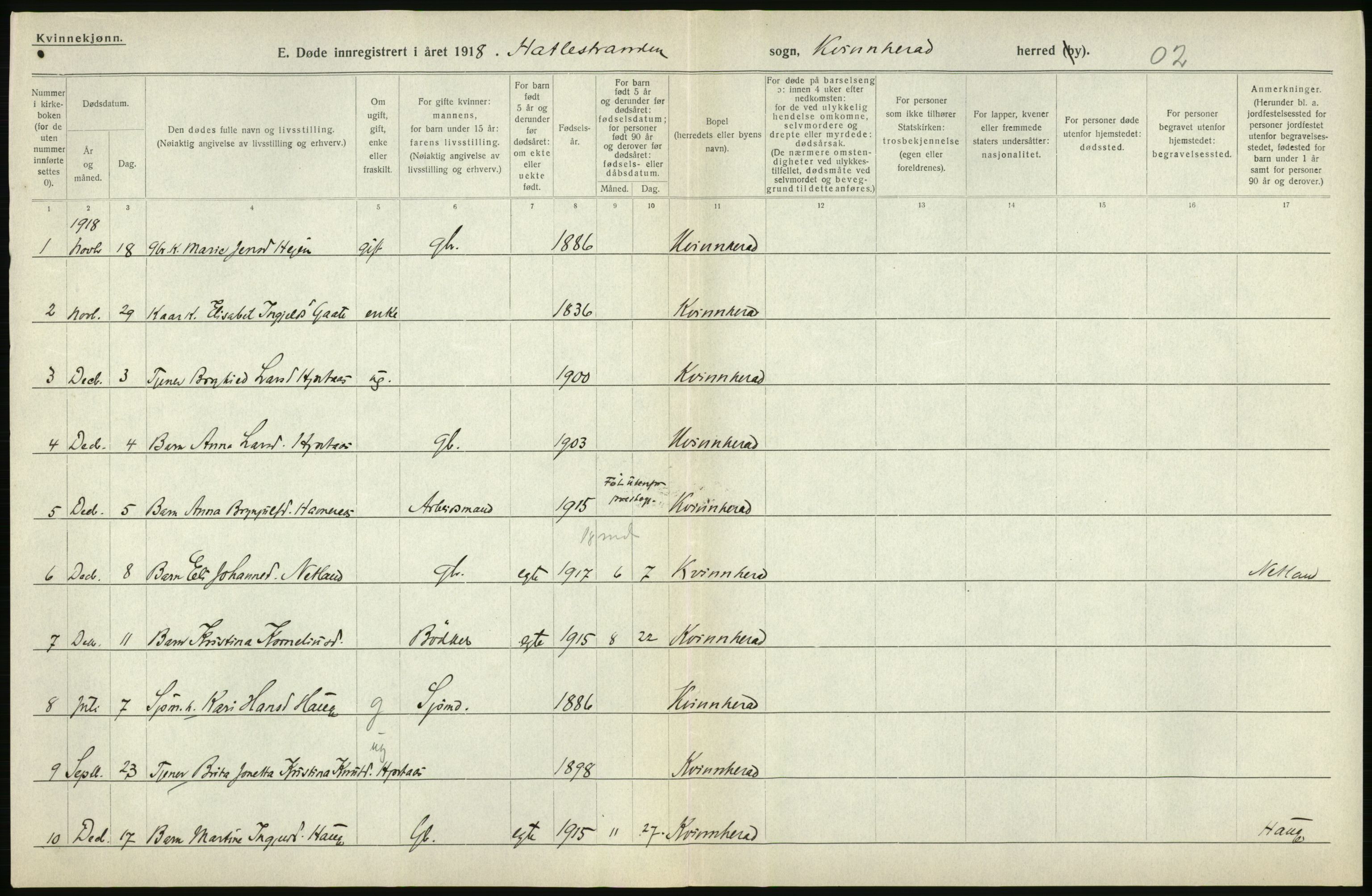 Statistisk sentralbyrå, Sosiodemografiske emner, Befolkning, AV/RA-S-2228/D/Df/Dfb/Dfbh/L0036: Hordaland fylke: Døde., 1918, p. 352