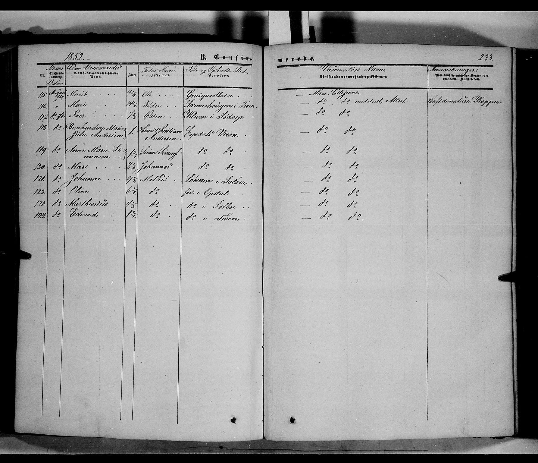 Sør-Fron prestekontor, AV/SAH-PREST-010/H/Ha/Haa/L0001: Parish register (official) no. 1, 1849-1863, p. 233