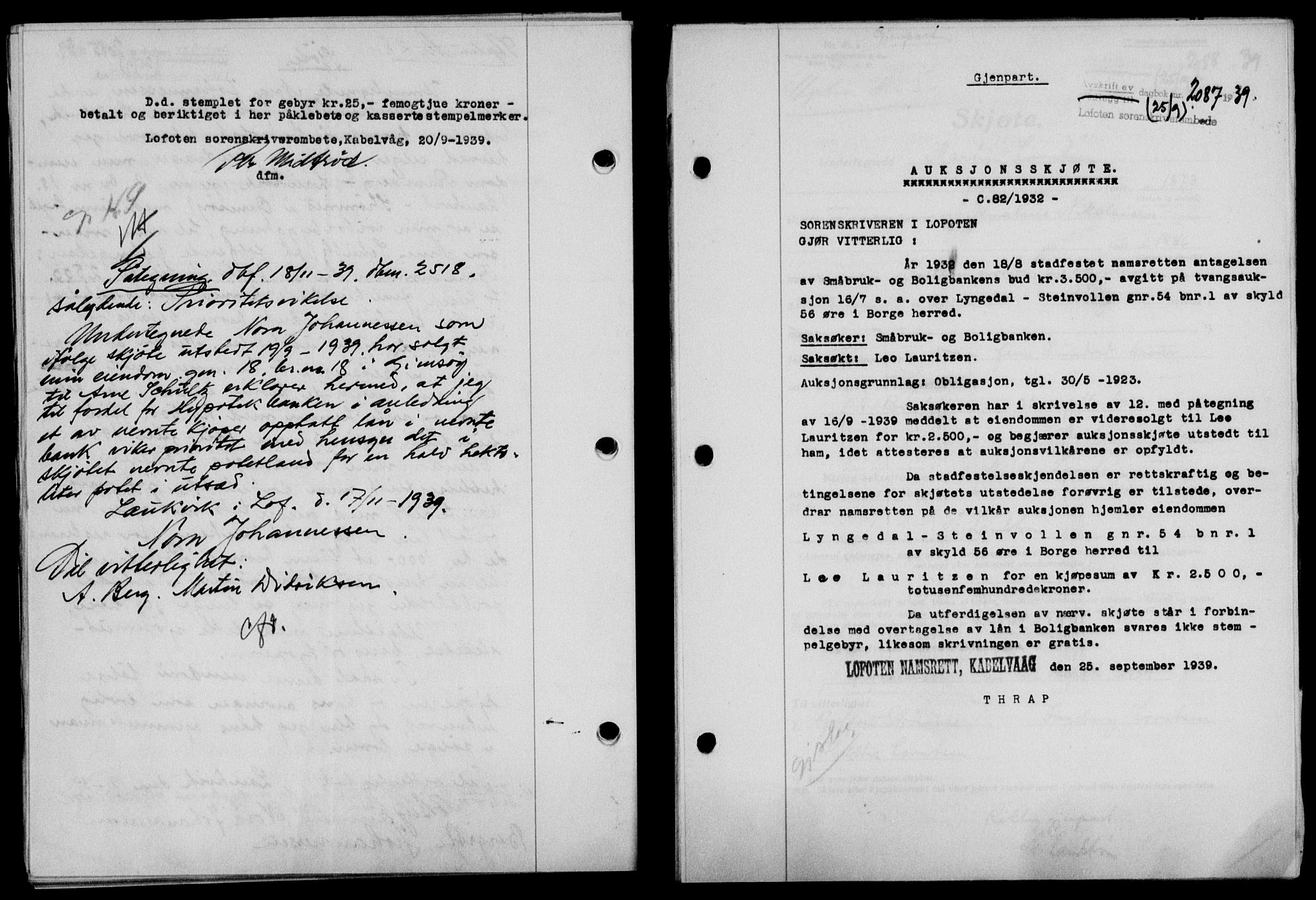 Lofoten sorenskriveri, SAT/A-0017/1/2/2C/L0006a: Mortgage book no. 6a, 1939-1939, Diary no: : 2087/1939