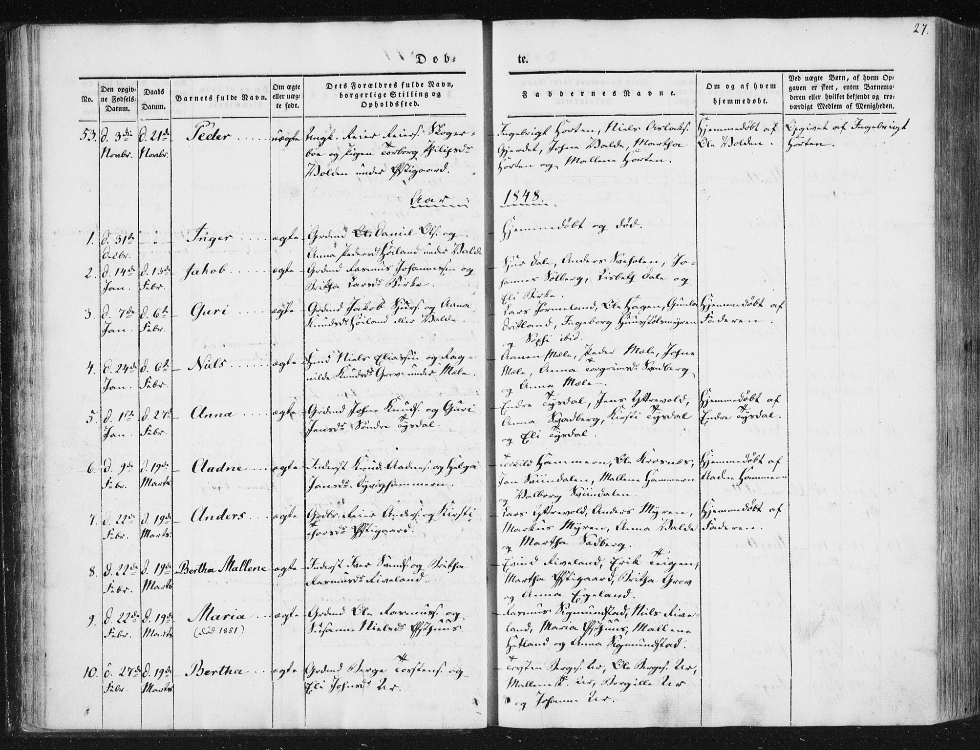 Hjelmeland sokneprestkontor, AV/SAST-A-101843/01/IV/L0008: Parish register (official) no. A 8, 1842-1861, p. 27