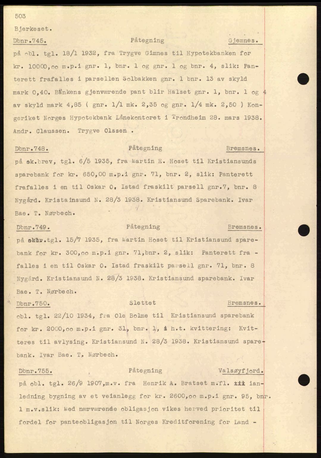 Nordmøre sorenskriveri, AV/SAT-A-4132/1/2/2Ca: Mortgage book no. C80, 1936-1939, Diary no: : 745/1938