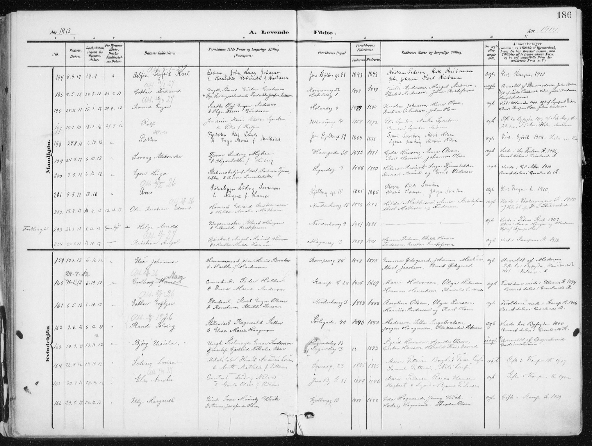 Kampen prestekontor Kirkebøker, SAO/A-10853/F/Fa/L0010: Parish register (official) no. I 10, 1905-1917, p. 186