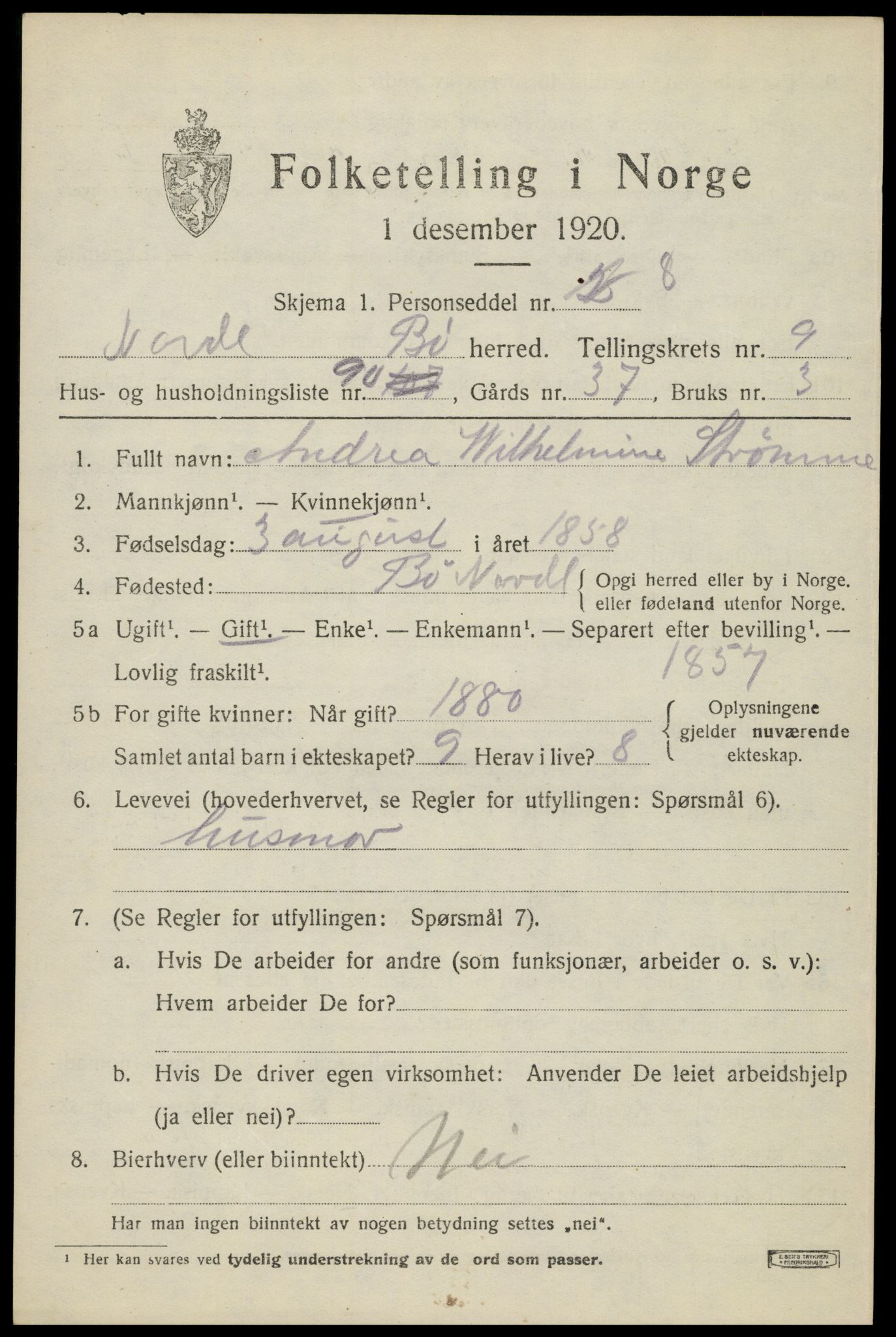 SAT, 1920 census for Bø, 1920, p. 8516