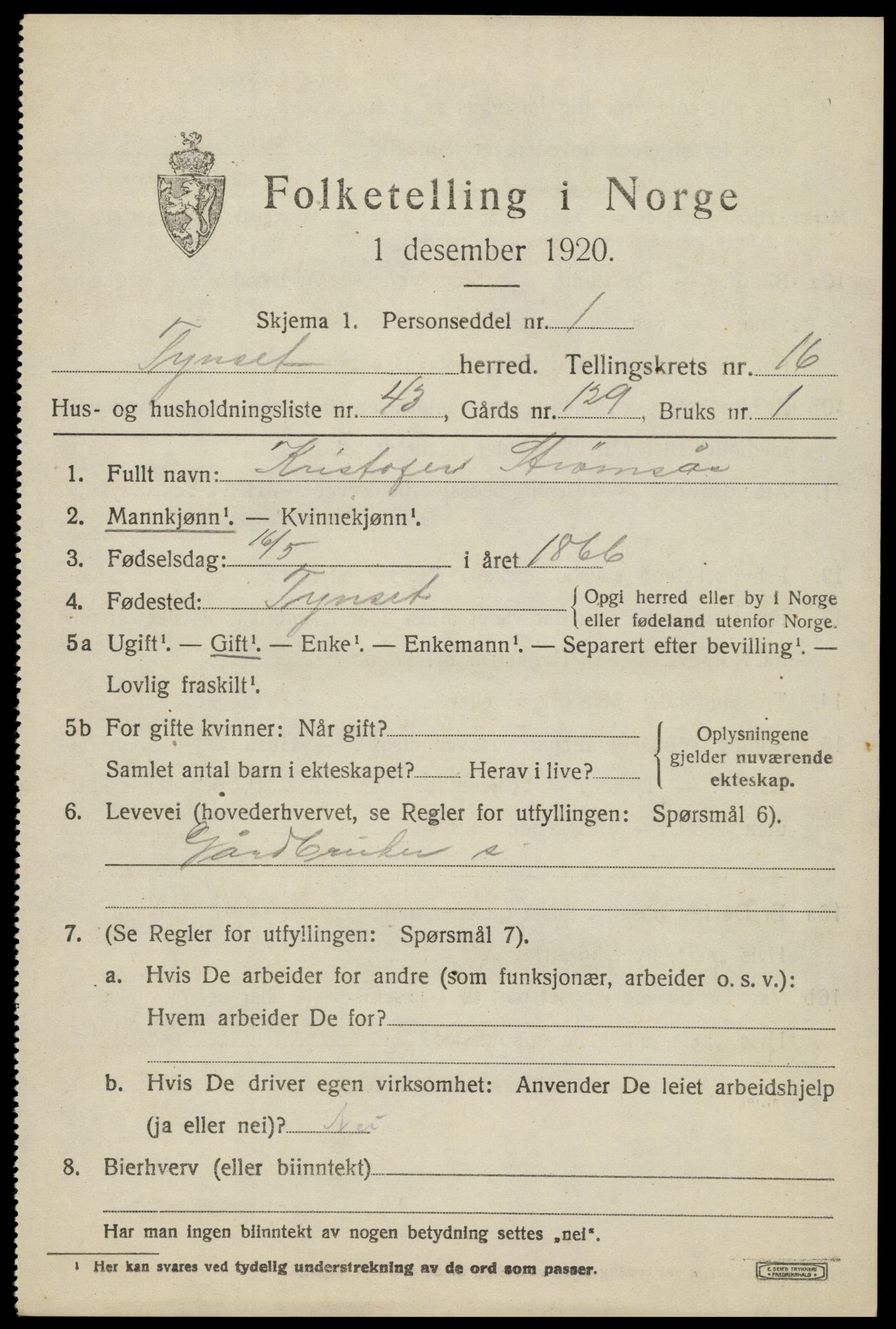 SAH, 1920 census for Tynset, 1920, p. 10152