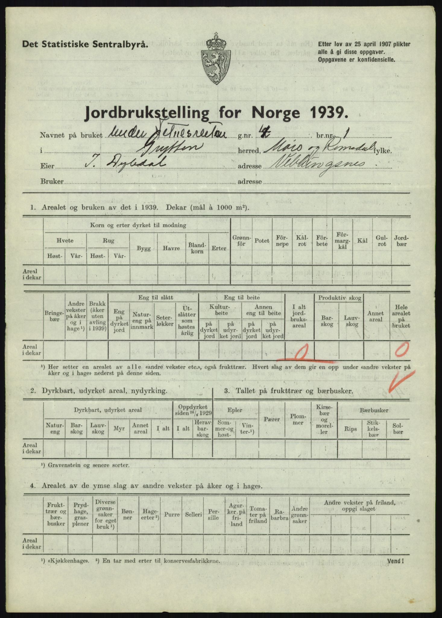 Statistisk sentralbyrå, Næringsøkonomiske emner, Jordbruk, skogbruk, jakt, fiske og fangst, AV/RA-S-2234/G/Gb/L0251: Møre og Romsdal: Voll, Eid, Grytten og Hen, 1939, p. 531