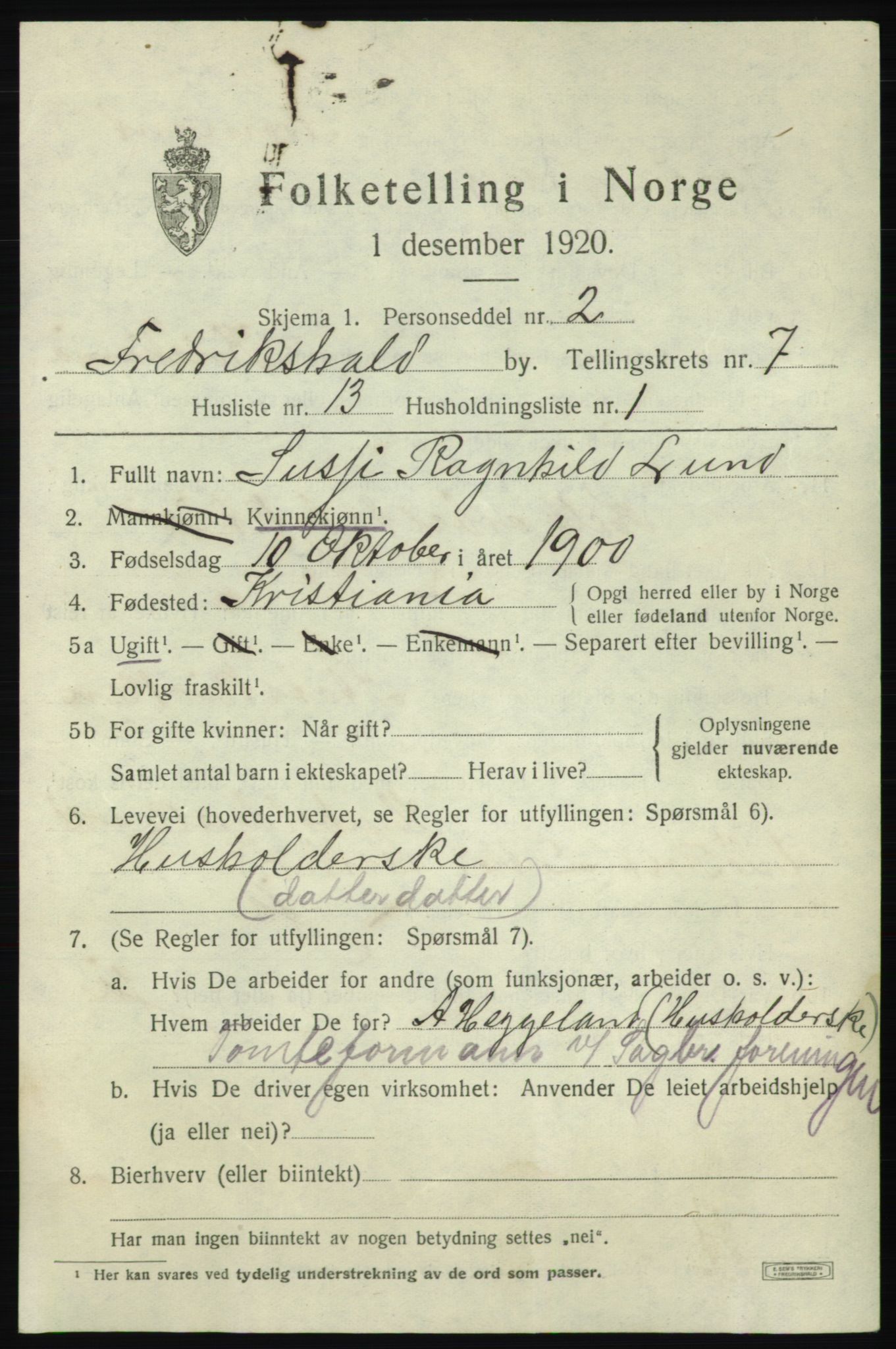 SAO, 1920 census for Fredrikshald, 1920, p. 14098