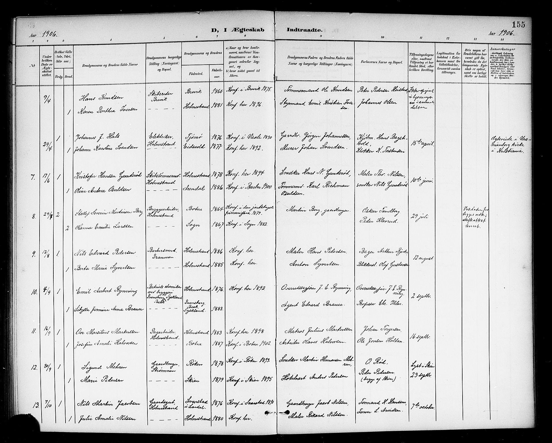 Holmestrand kirkebøker, AV/SAKO-A-346/G/Ga/L0006: Parish register (copy) no. 6, 1901-1923, p. 155