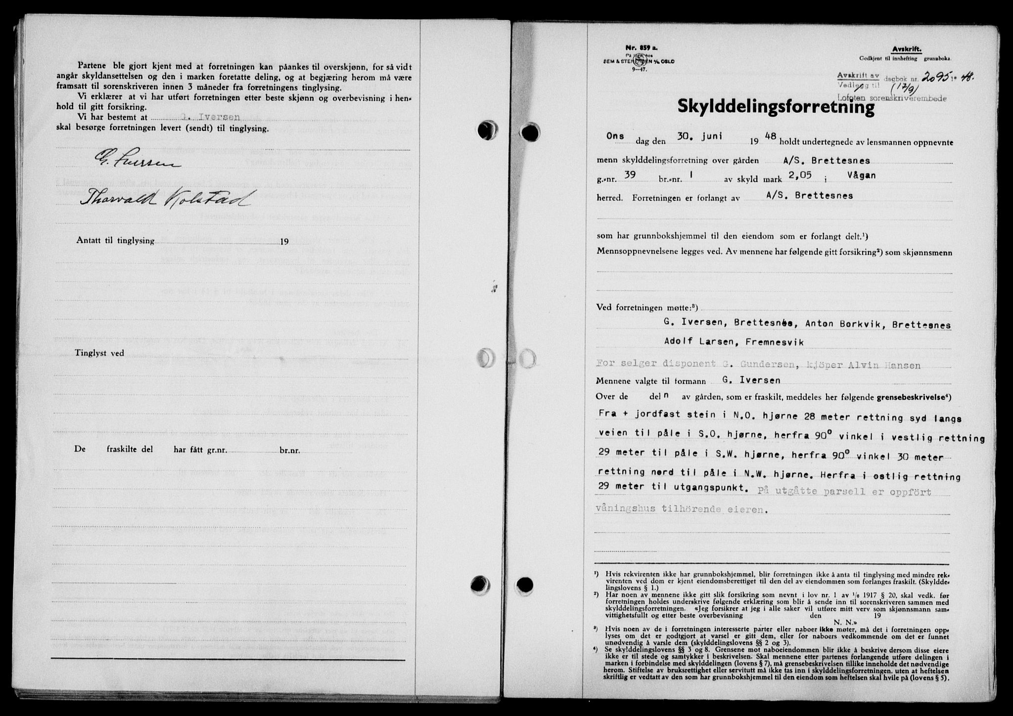 Lofoten sorenskriveri, SAT/A-0017/1/2/2C/L0019a: Mortgage book no. 19a, 1948-1948, Diary no: : 2095/1948