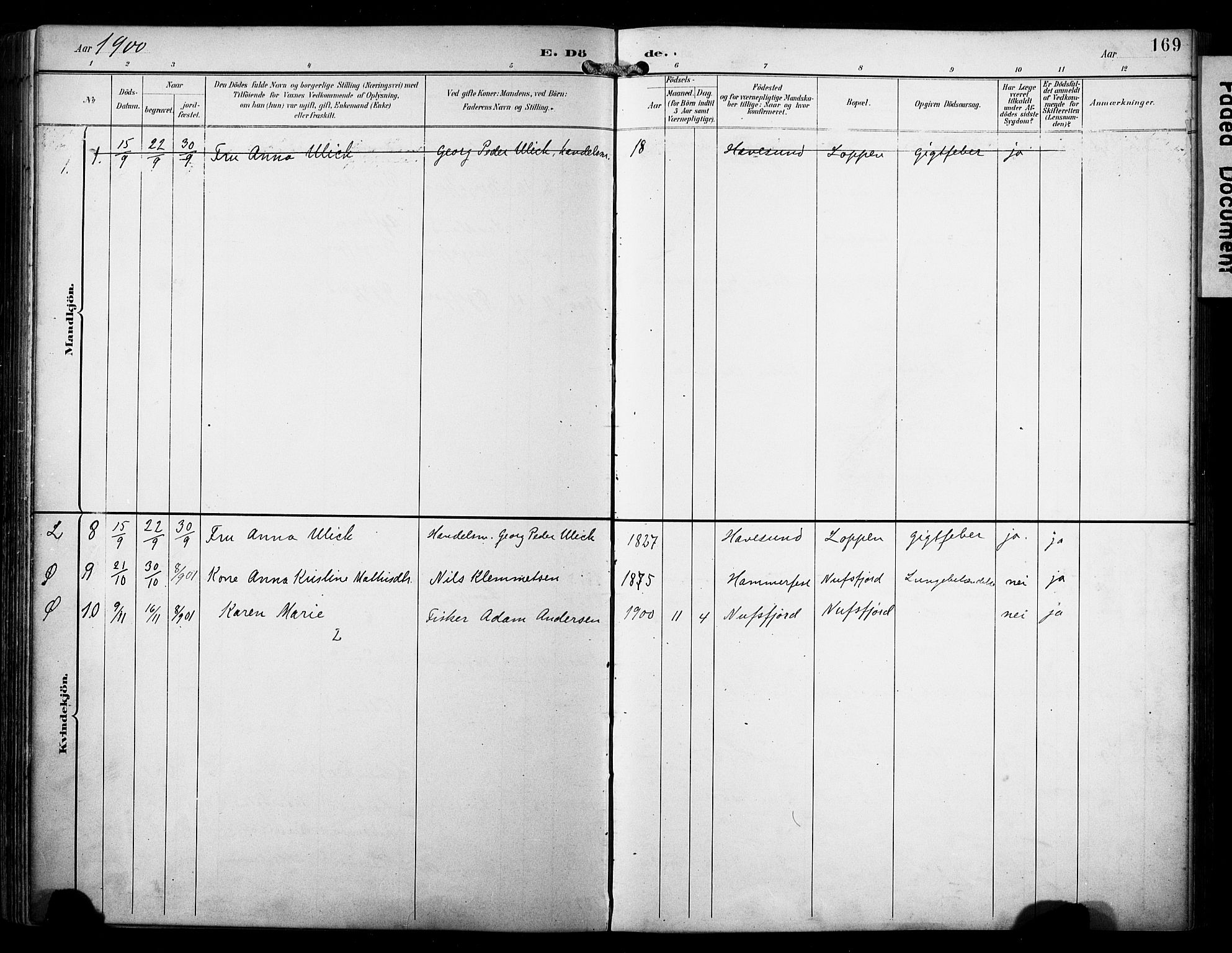 Loppa sokneprestkontor, AV/SATØ-S-1339/H/Ha/L0009kirke: Parish register (official) no. 9, 1895-1909, p. 169