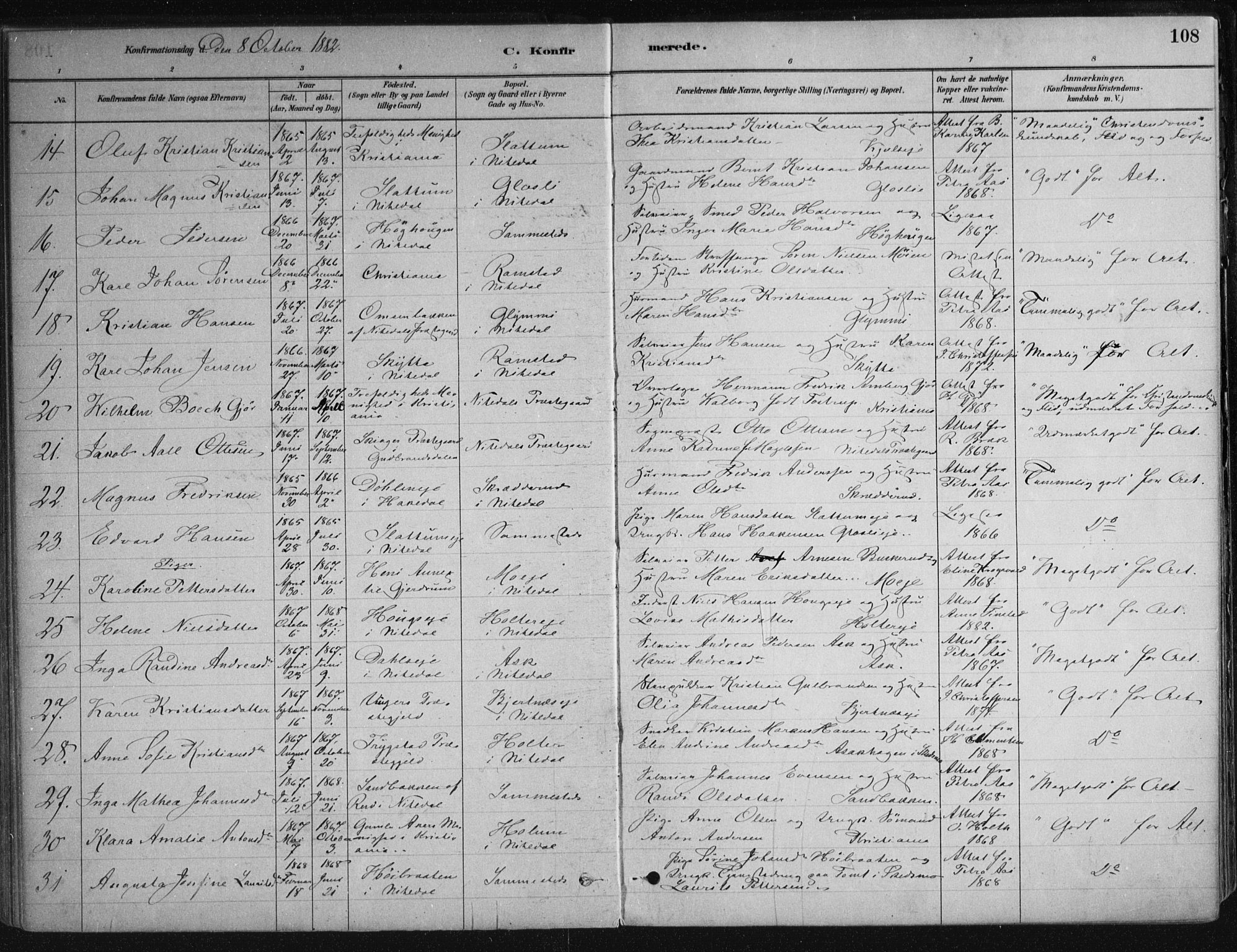 Nittedal prestekontor Kirkebøker, SAO/A-10365a/F/Fa/L0007: Parish register (official) no. I 7, 1879-1901, p. 108