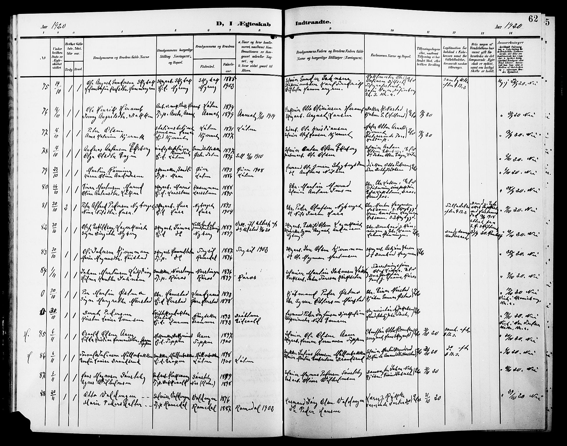 Elverum prestekontor, SAH/PREST-044/H/Ha/Hab/L0009: Parish register (copy) no. 9, 1908-1921, p. 62