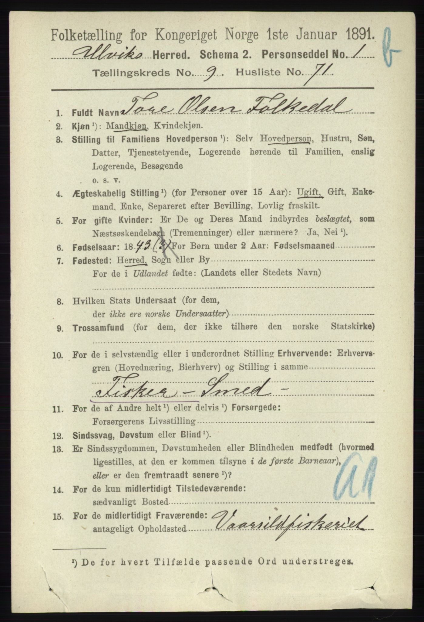 RA, 1891 census for 1233 Ulvik, 1891, p. 3183