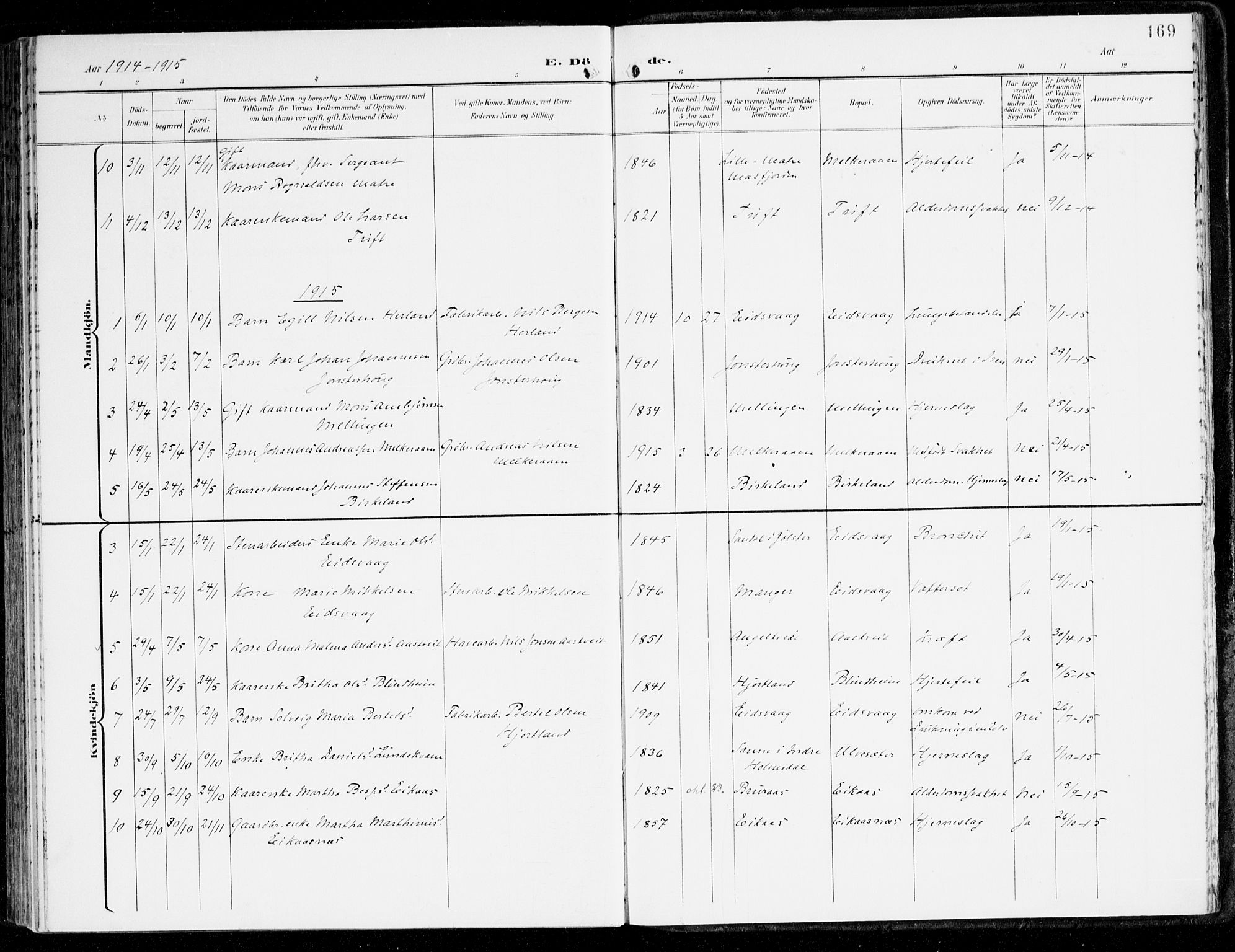 Hamre sokneprestembete, SAB/A-75501/H/Ha/Haa/Haad/L0002: Parish register (official) no. D 2, 1899-1916, p. 169